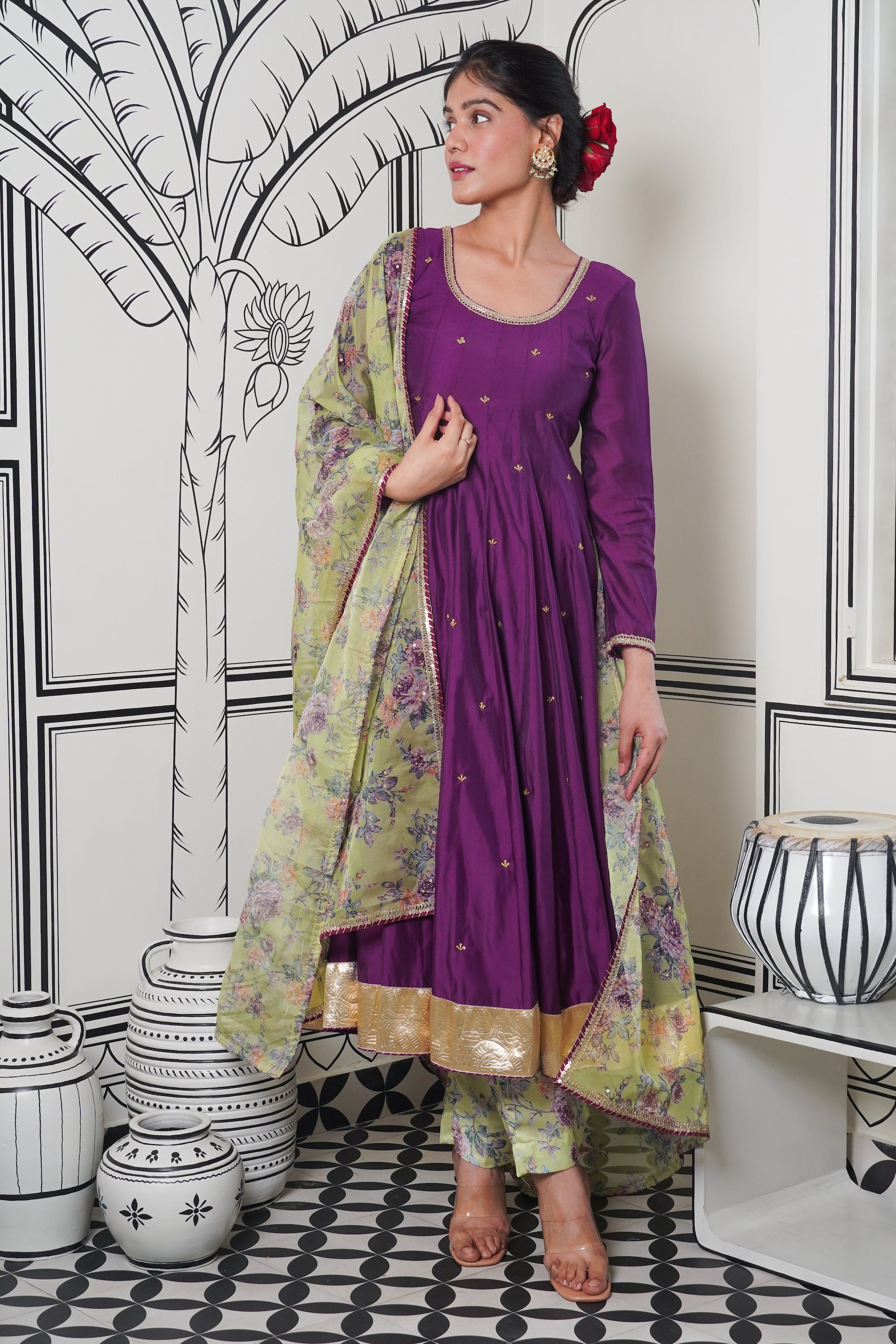 Afsana Purple green printed Anarkali Set