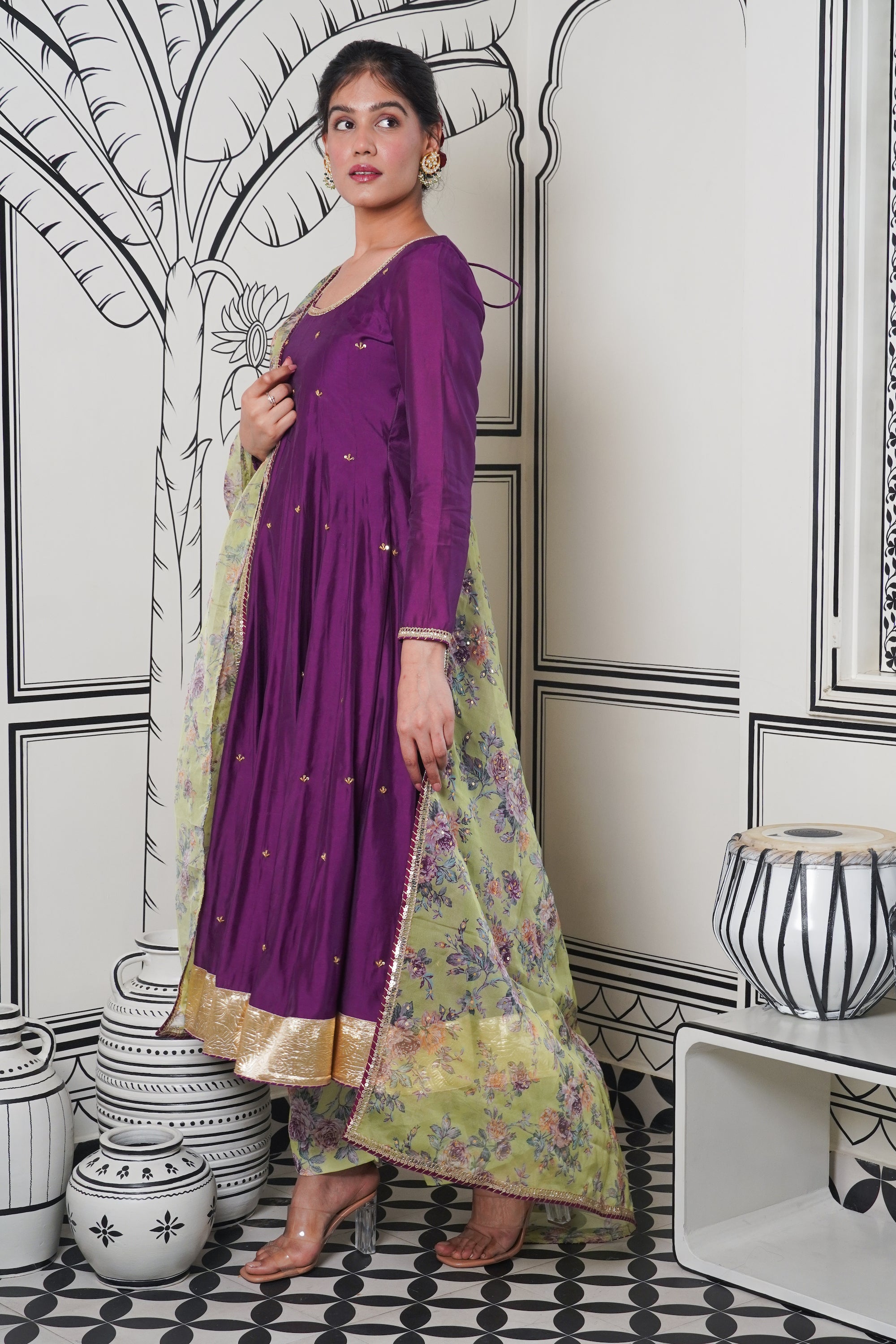 Afsana Purple green printed Anarkali Set
