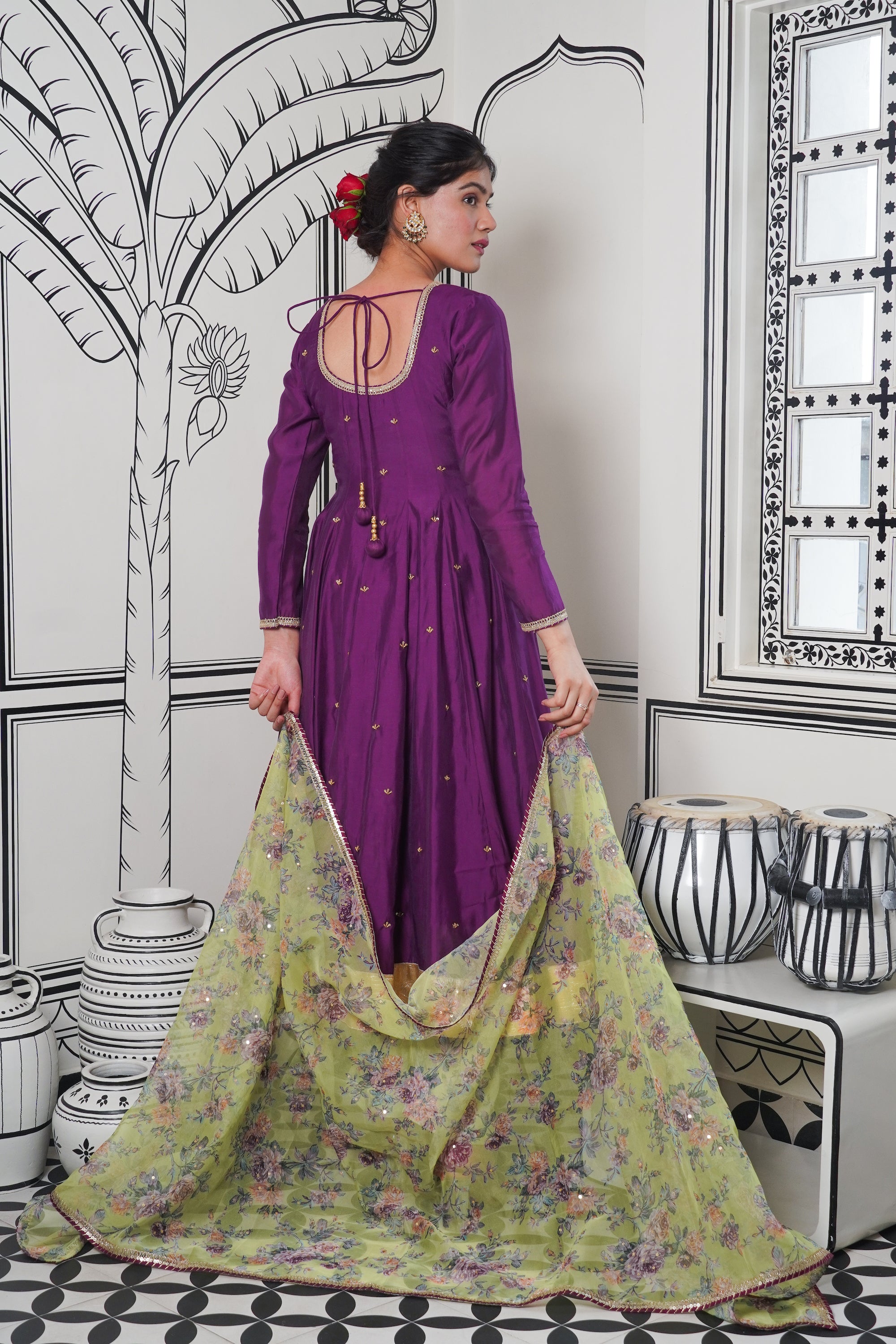 Afsana Purple green printed Anarkali Set