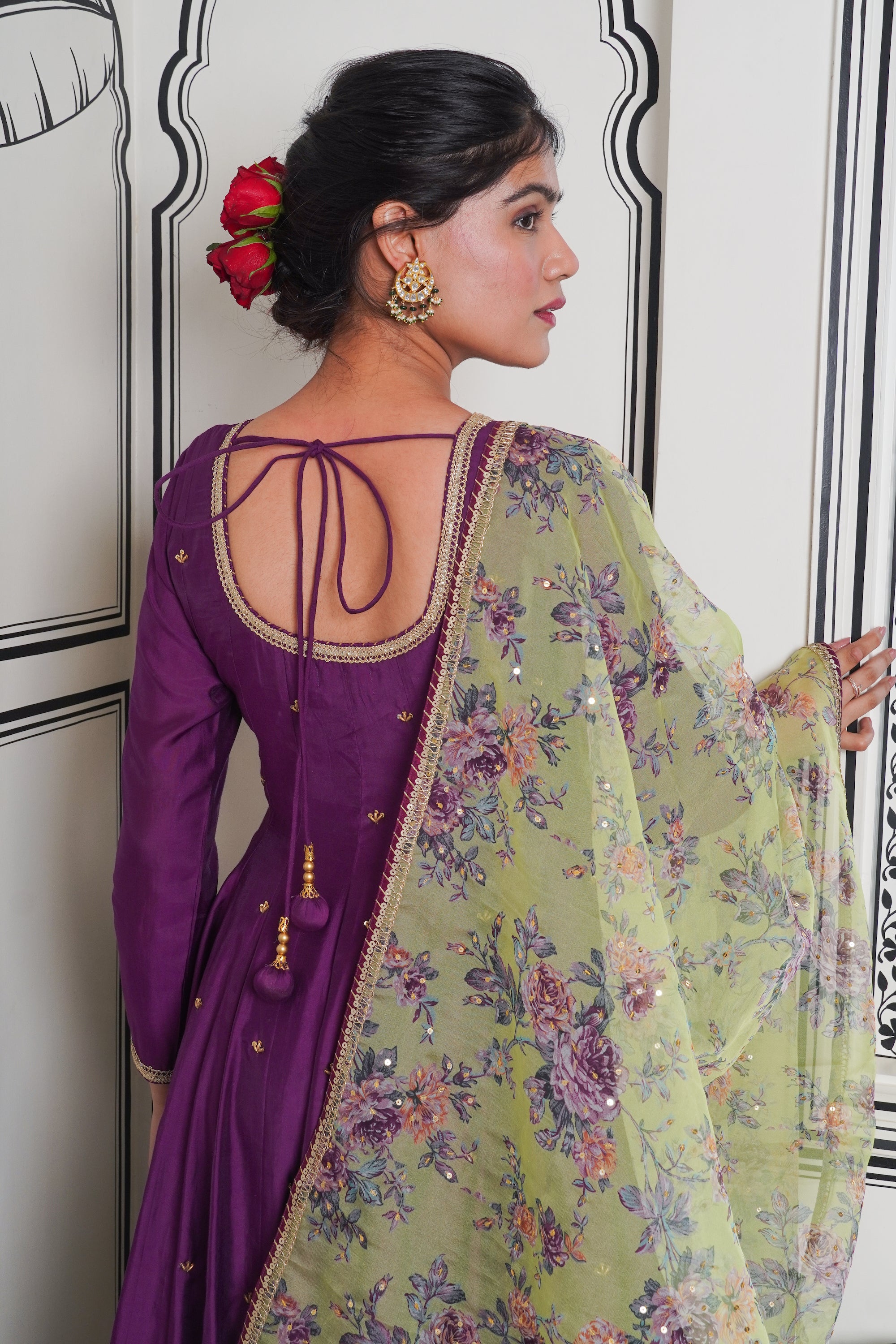Afsana Purple green printed Anarkali Set
