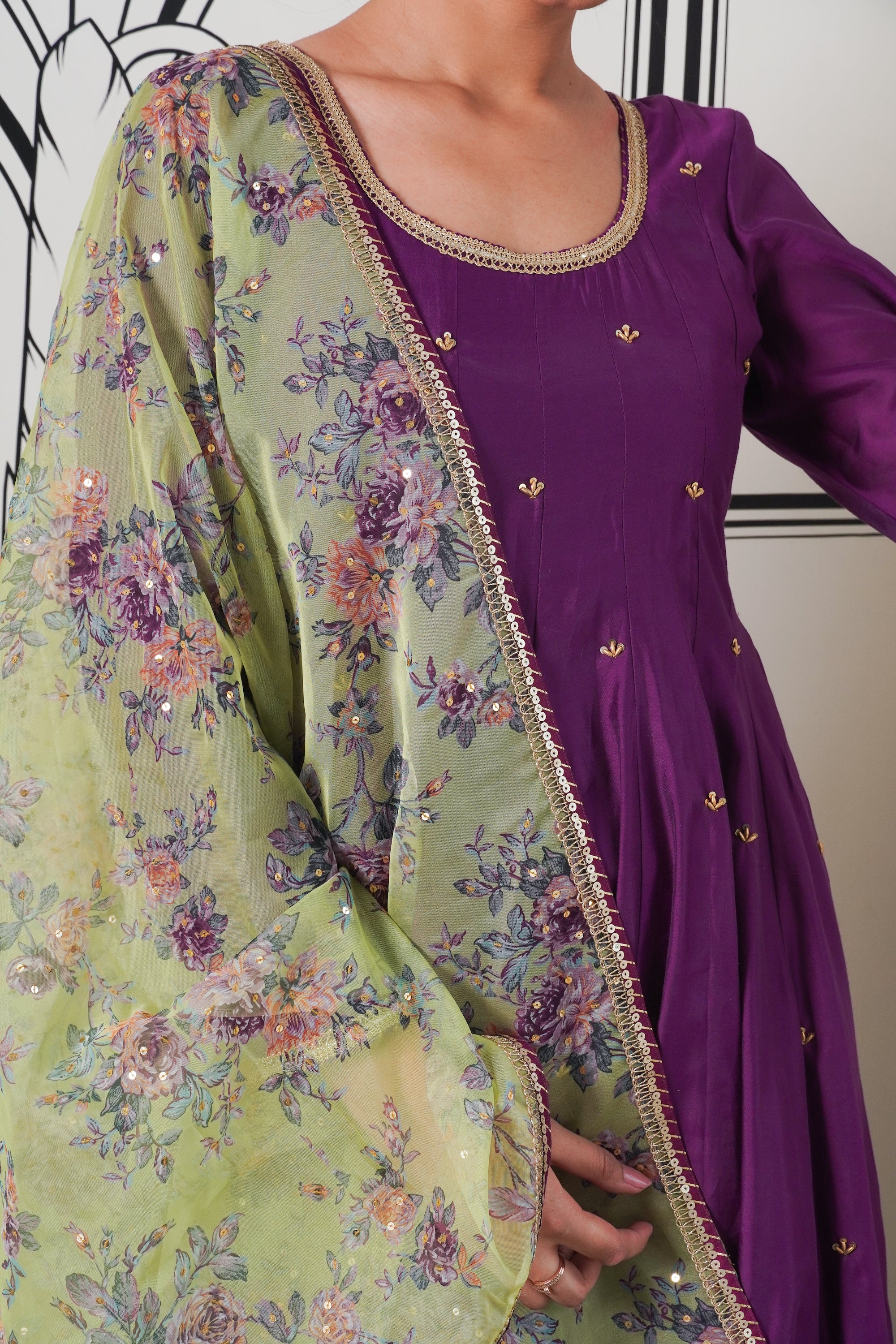 Afsana Purple green printed Anarkali Set