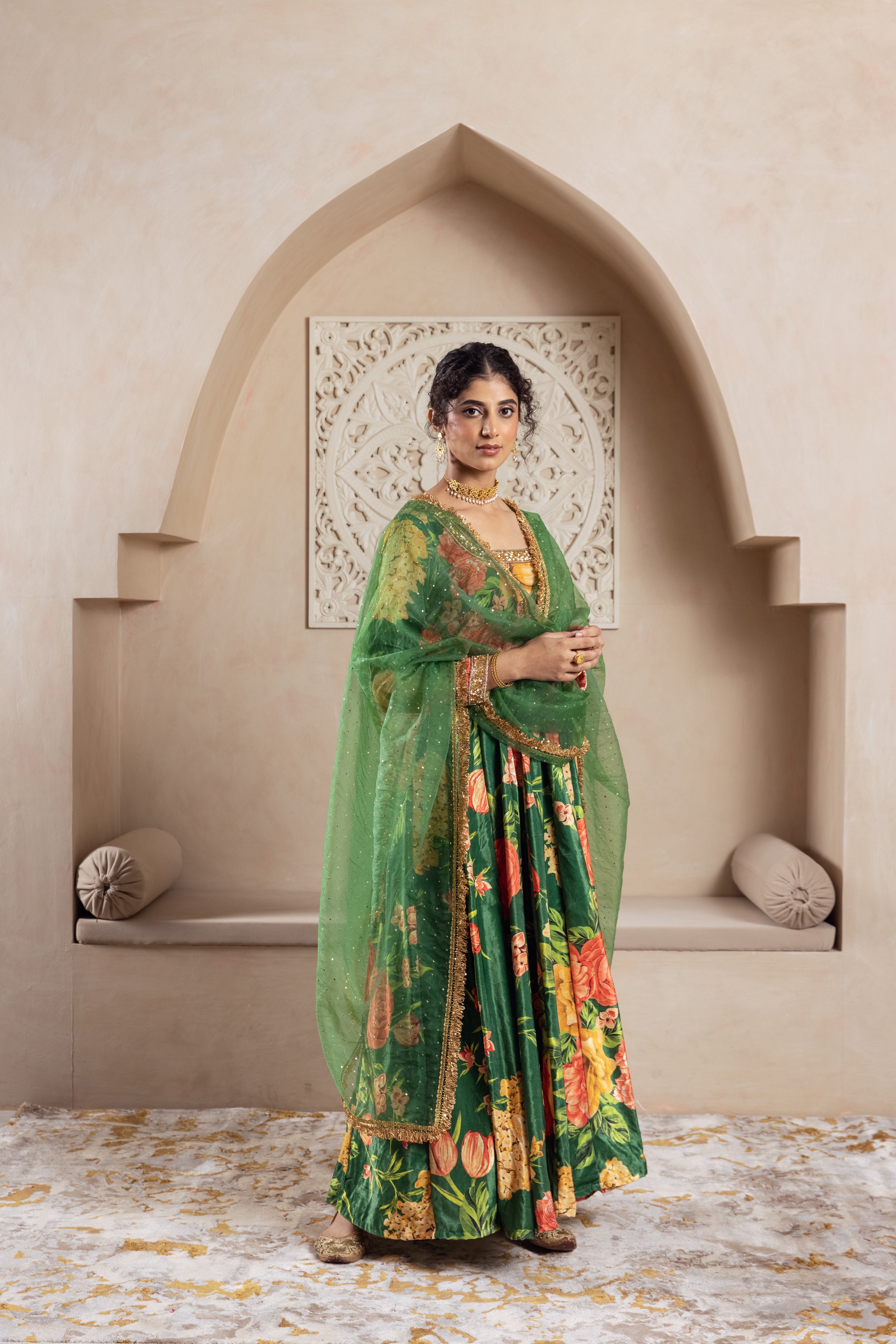 FIRGUN GREEN FLORAL VELVET ANARKALI SET