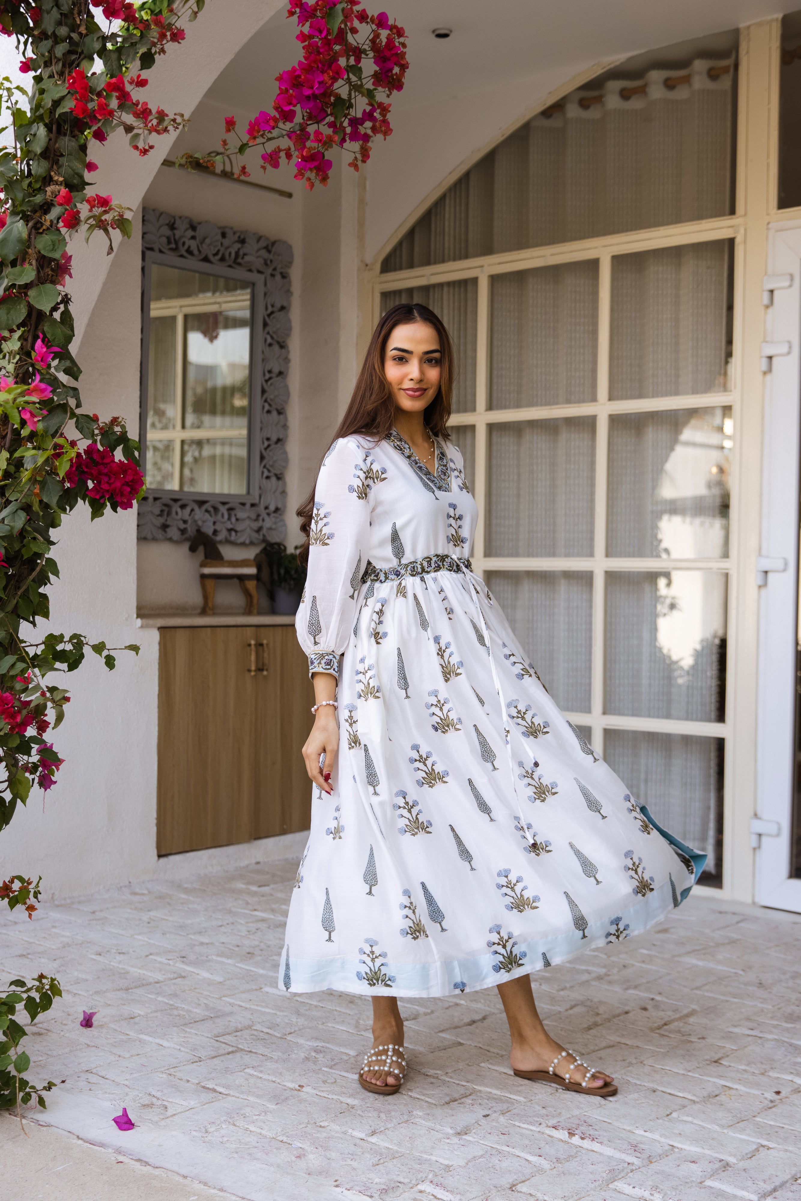 Picnic hand block print waist adjust dress