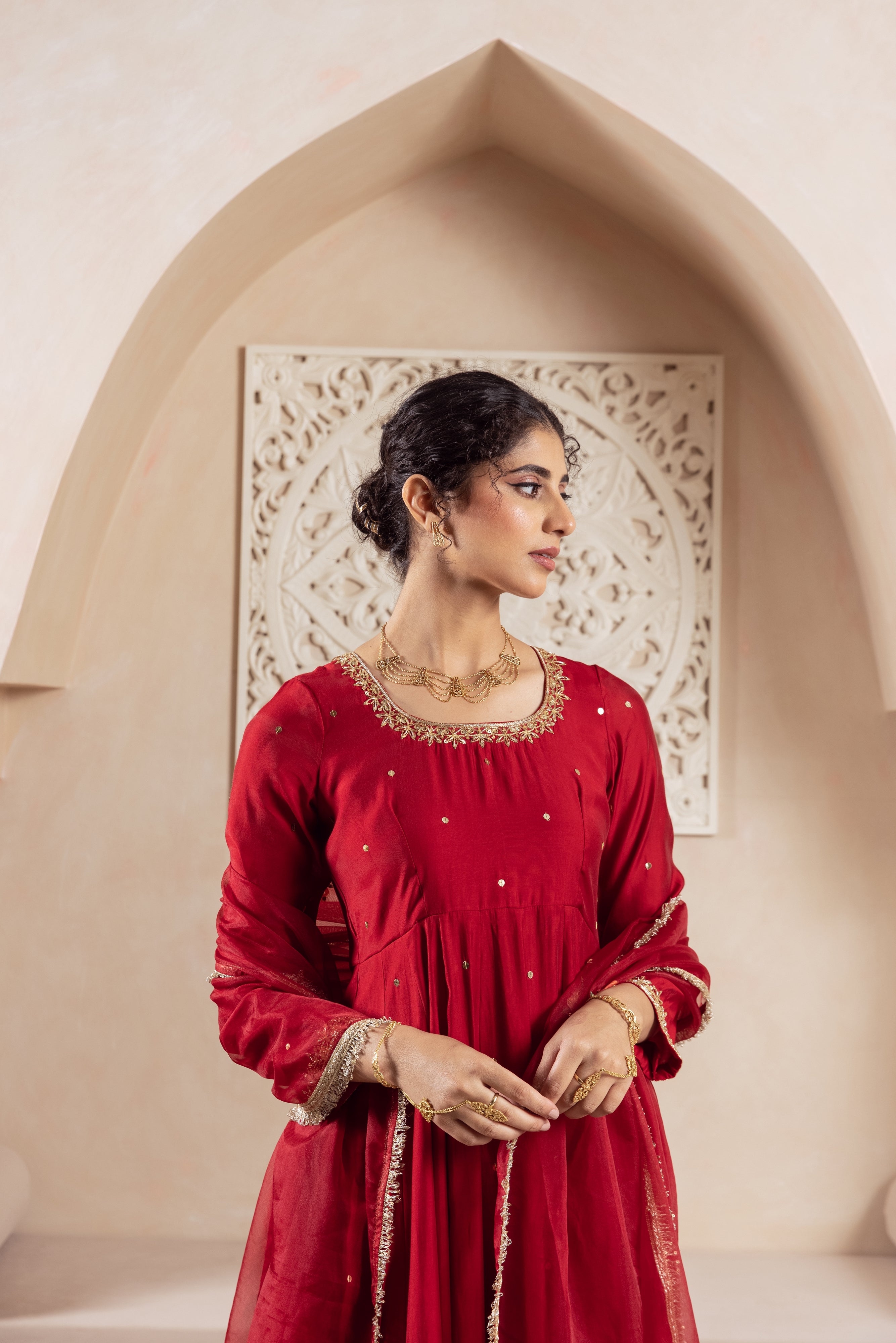 GULNAZ Maroon rose hand painted Anarkali set