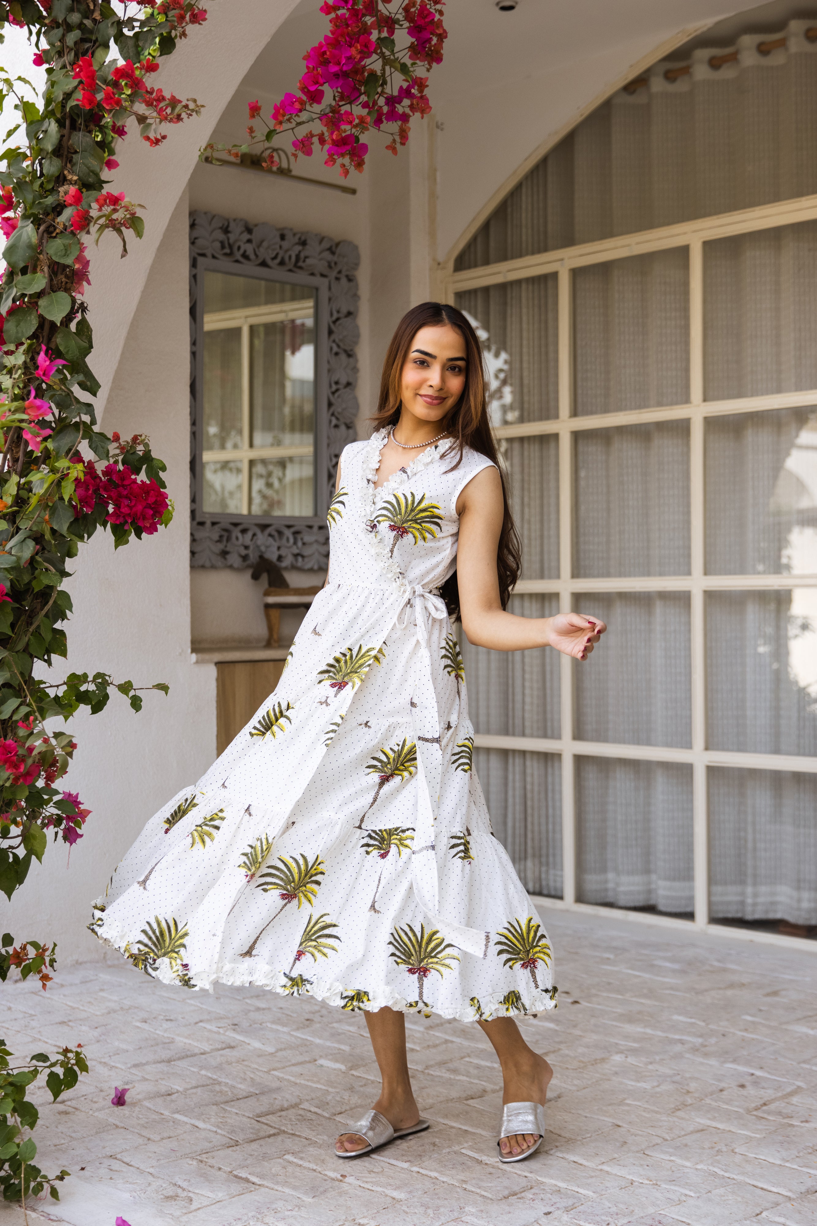 Picnic Palm tree hand block wrap around dress