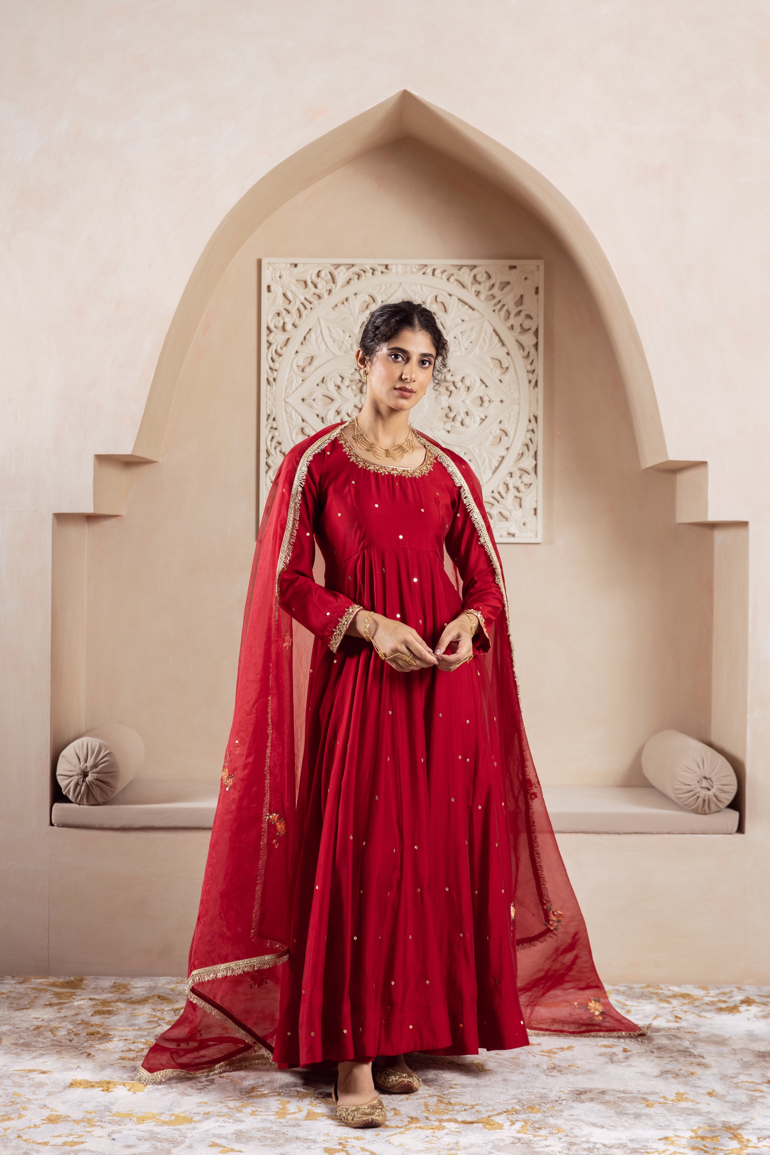 GULNAZ Maroon rose hand painted Anarkali set