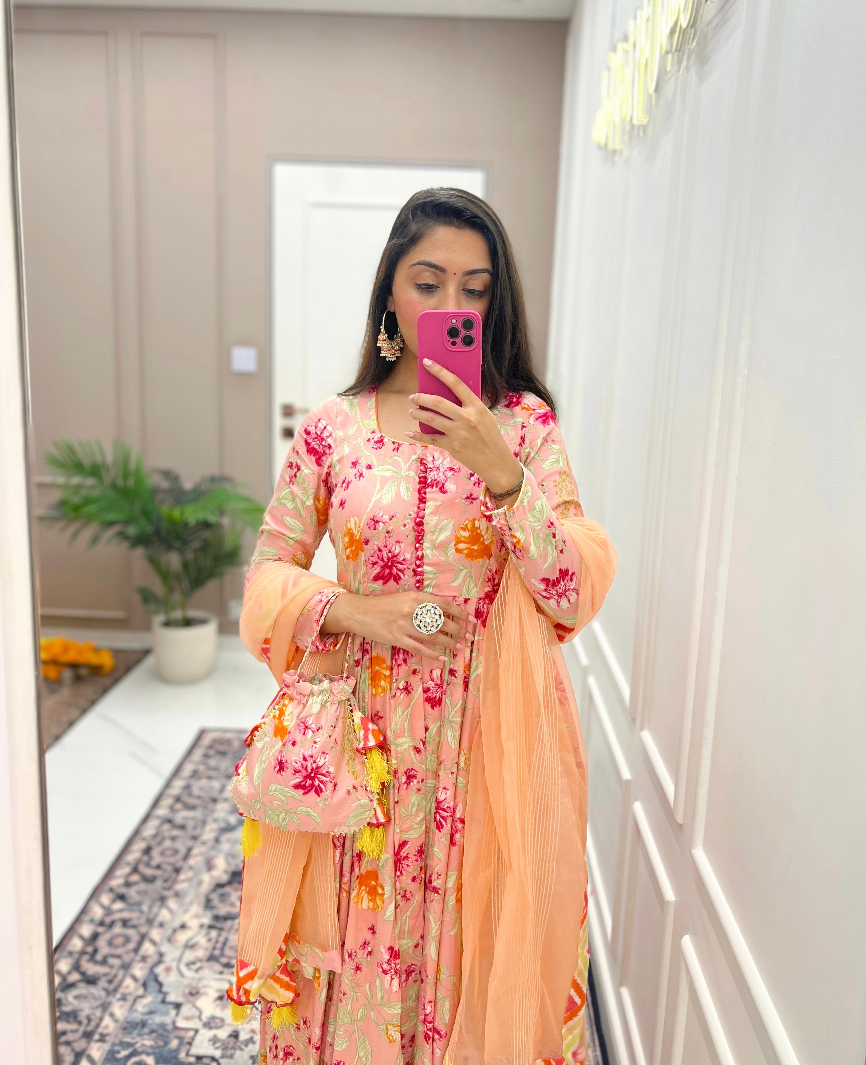 Pink Floral Anarkali Set