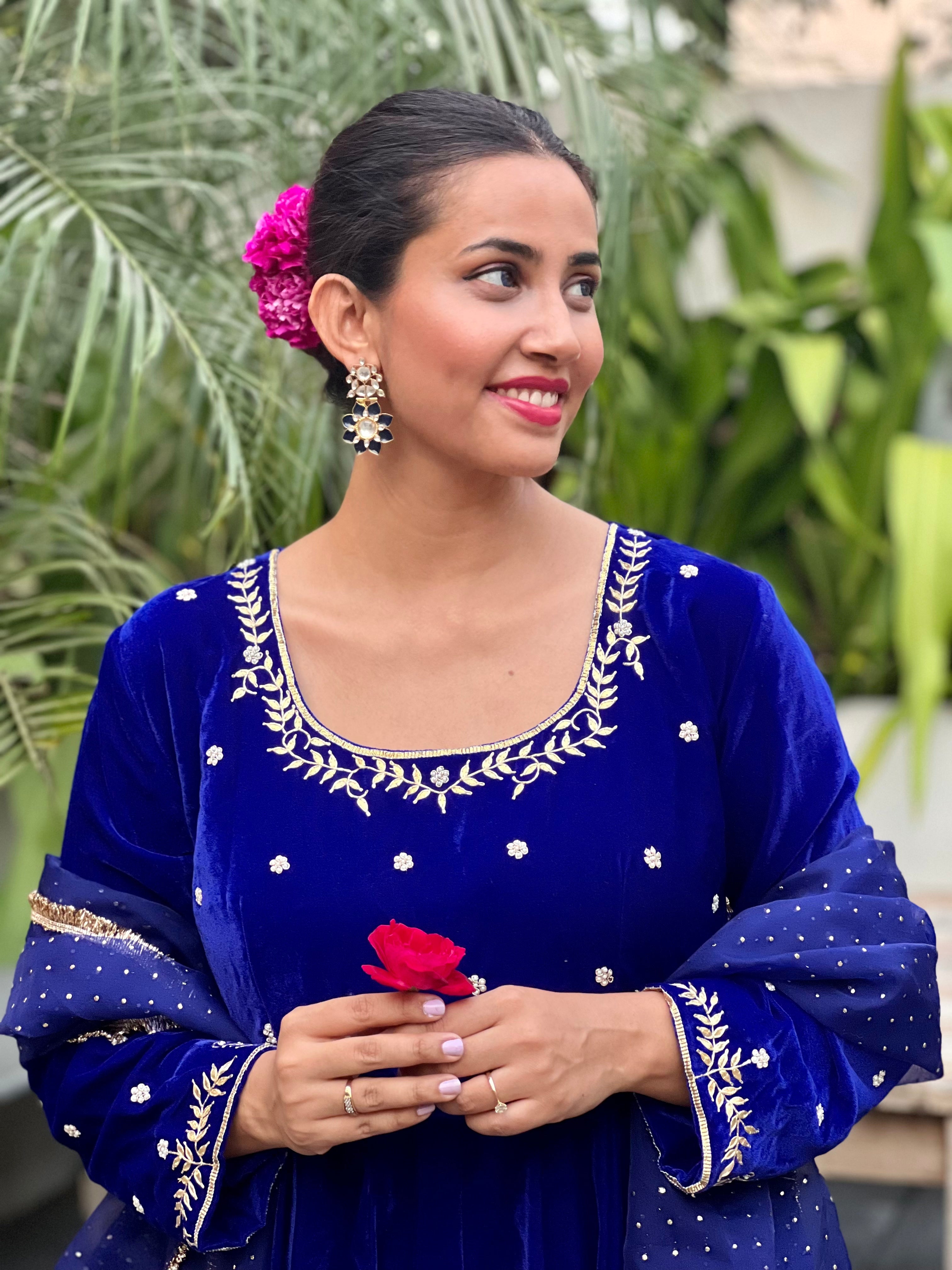 Royal Blue Velvet Anarkali set
