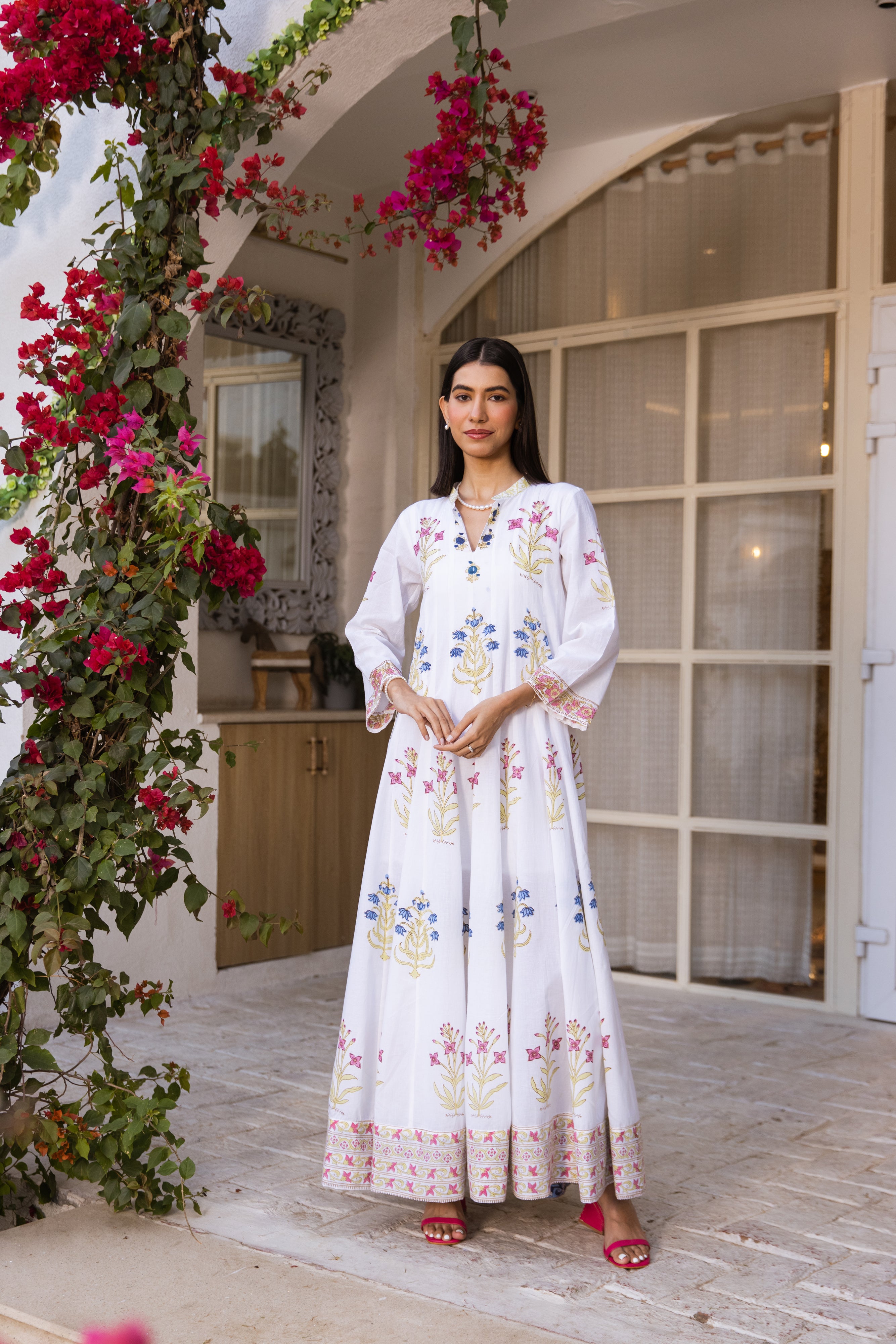 Picnic Multicoloured Handblock Kalidar Dress