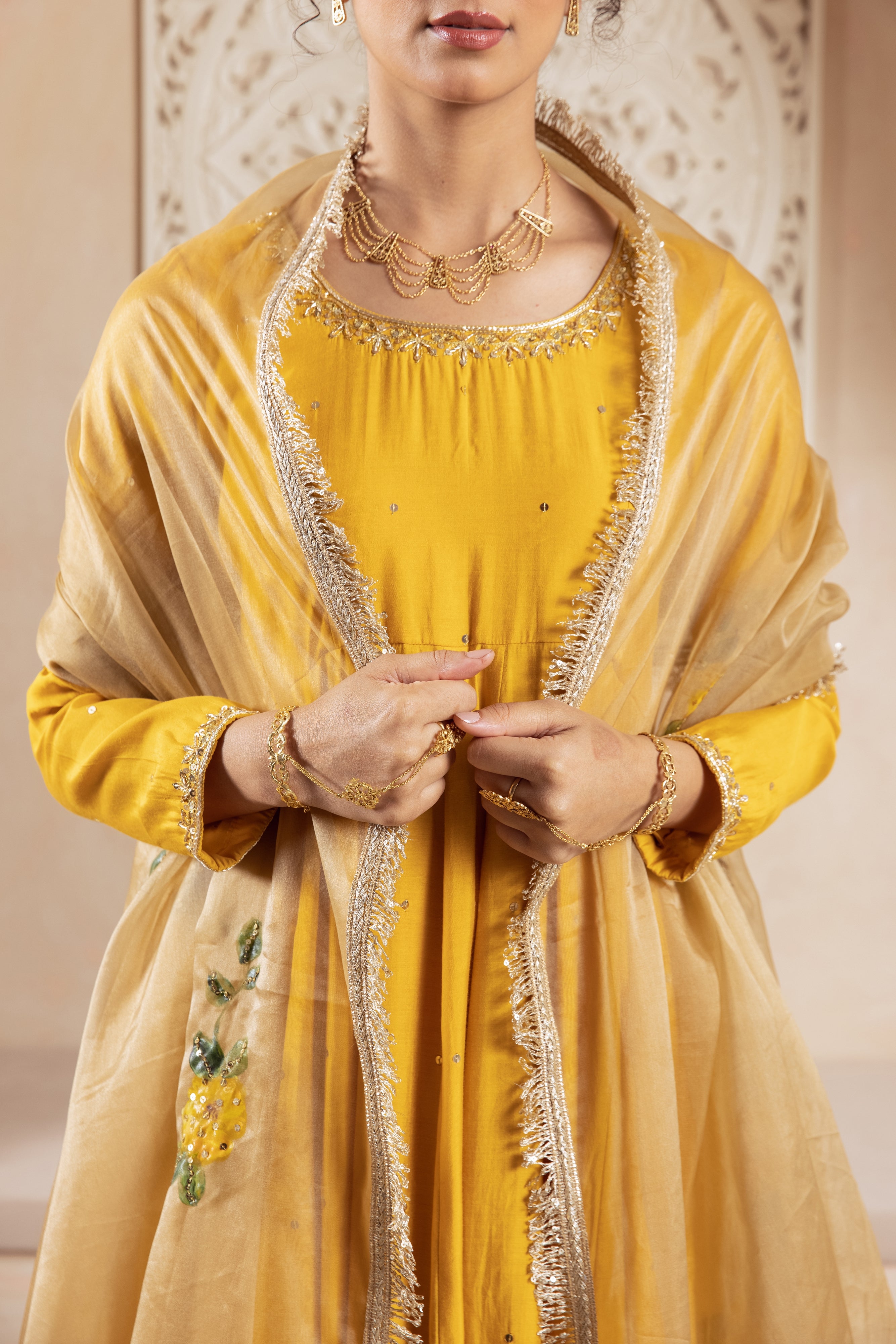 GULNAZ Mustard yellow hand painted Anarkali set