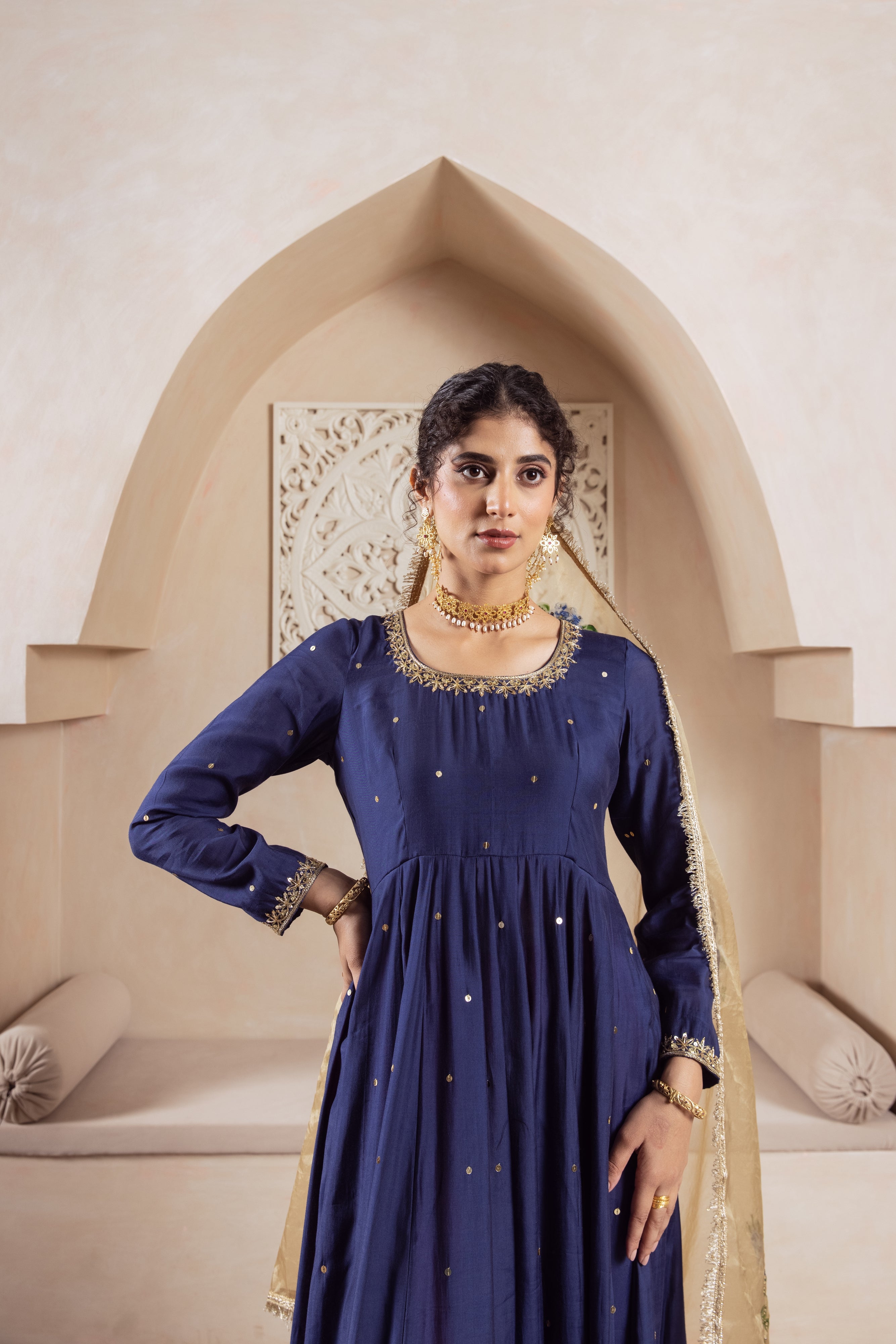 GULNAZ Navy blue hand painted Anarkali set