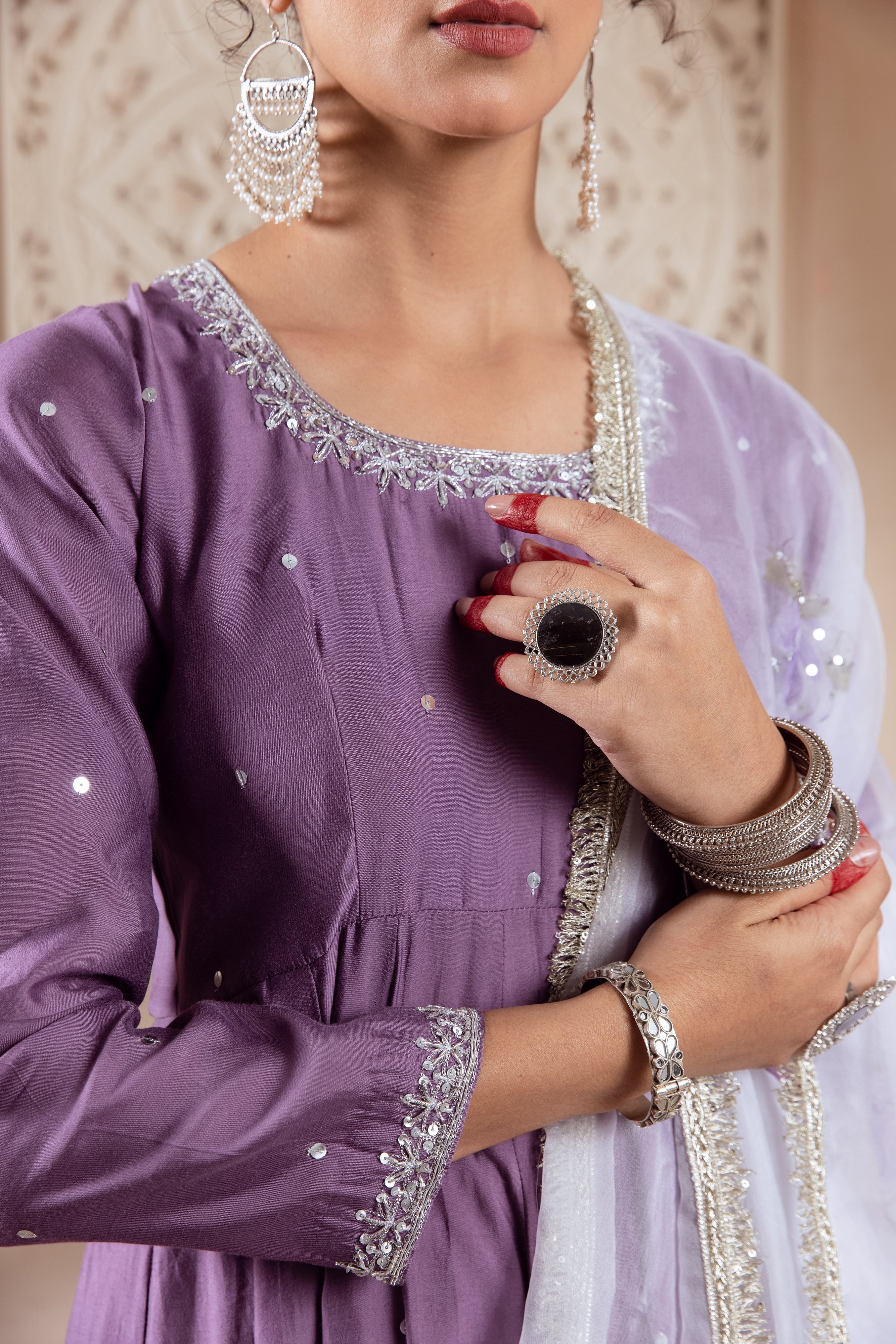 GULNAZ Mauve hand painted Anarkali set