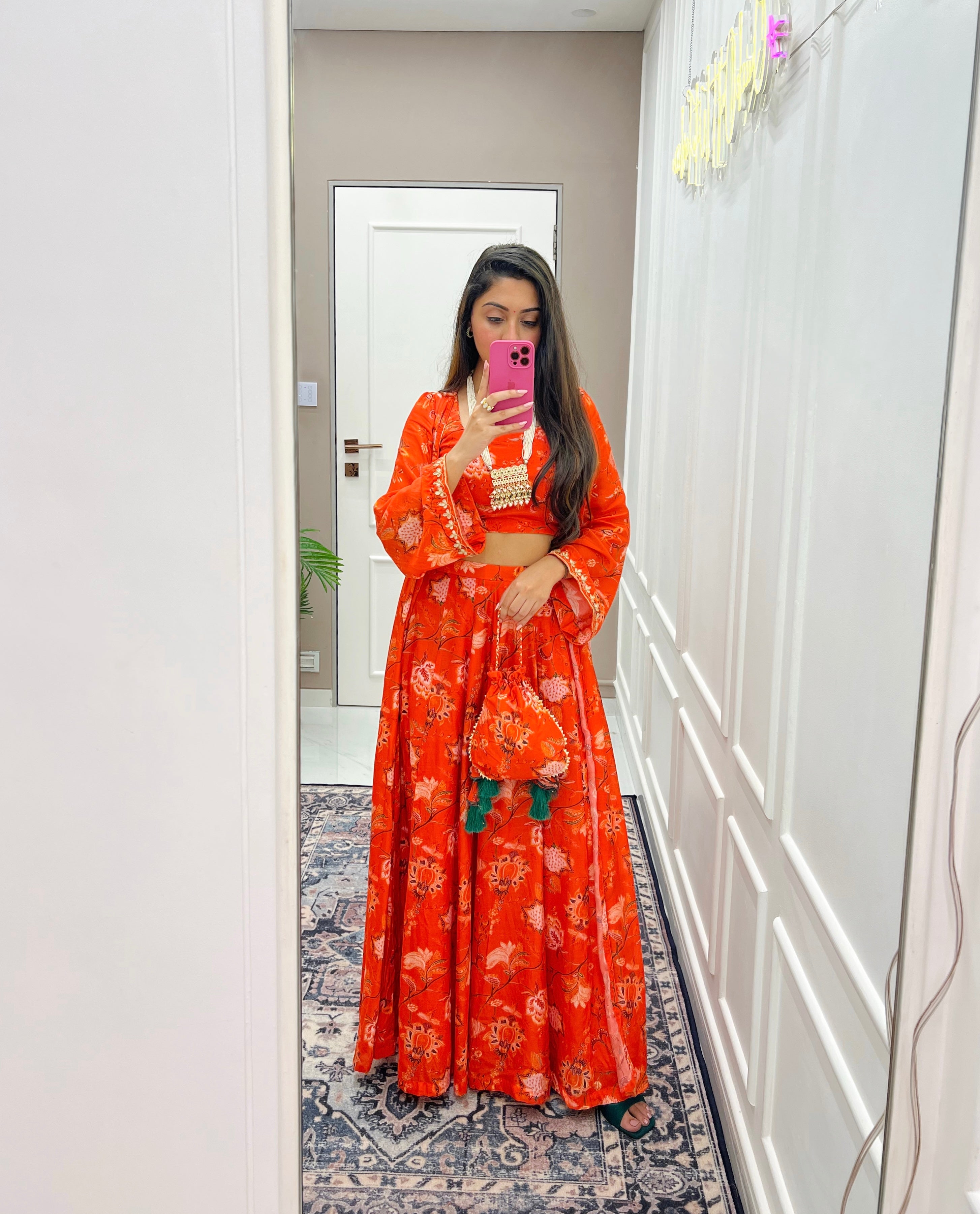 Orange Printed Jacket Set