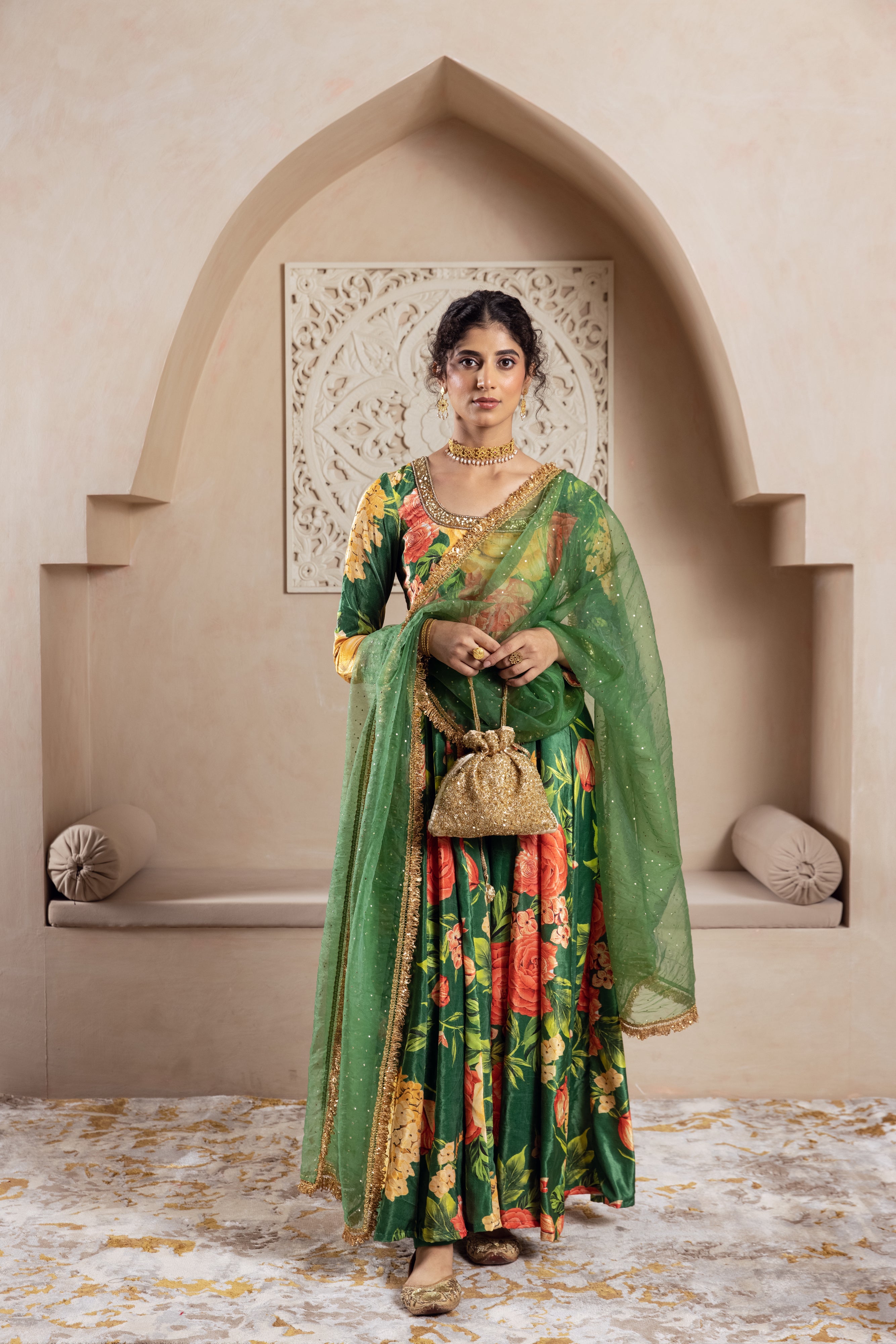 FIRGUN GREEN FLORAL VELVET ANARKALI SET