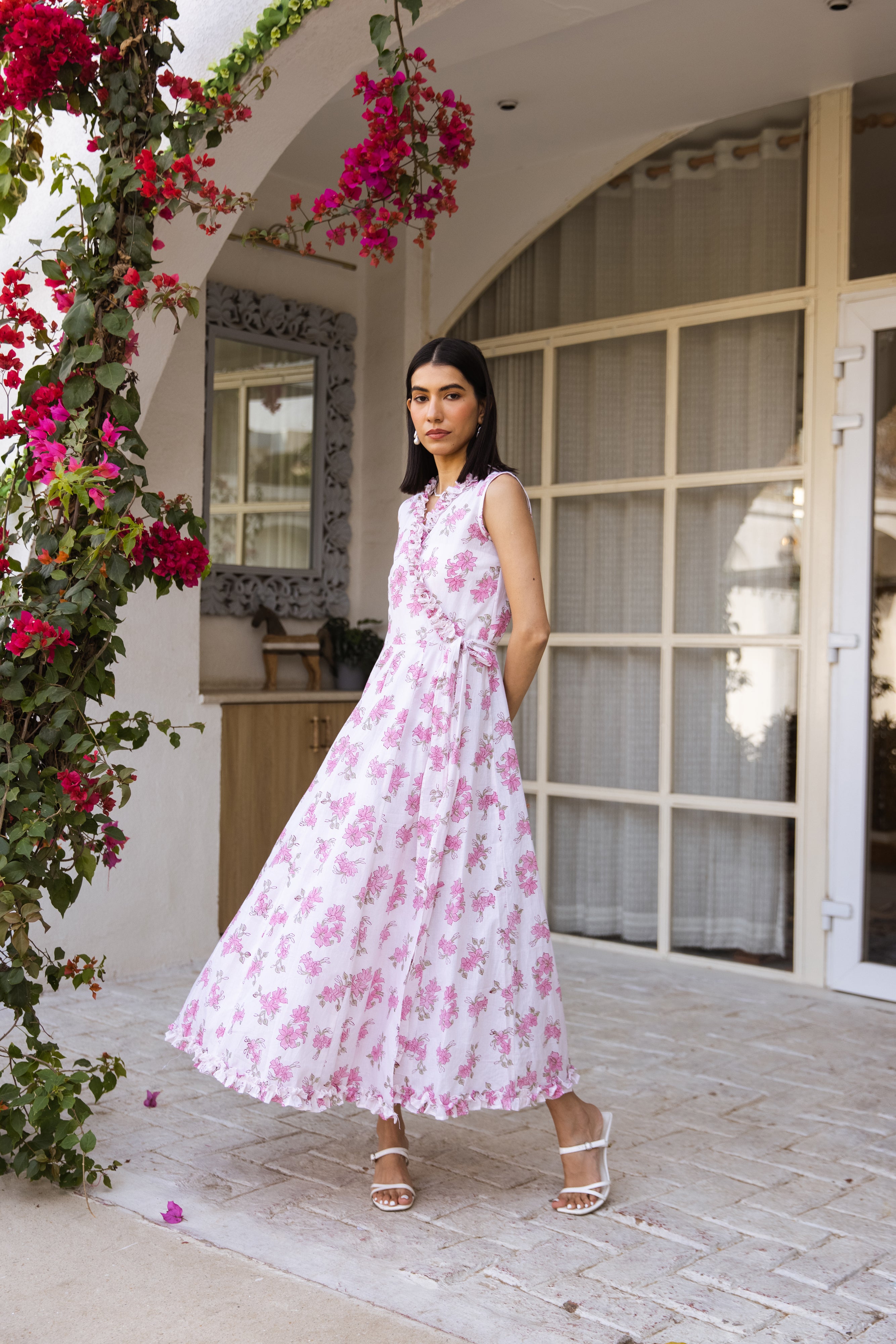 Picnic Pink floral hand block wrap around dress