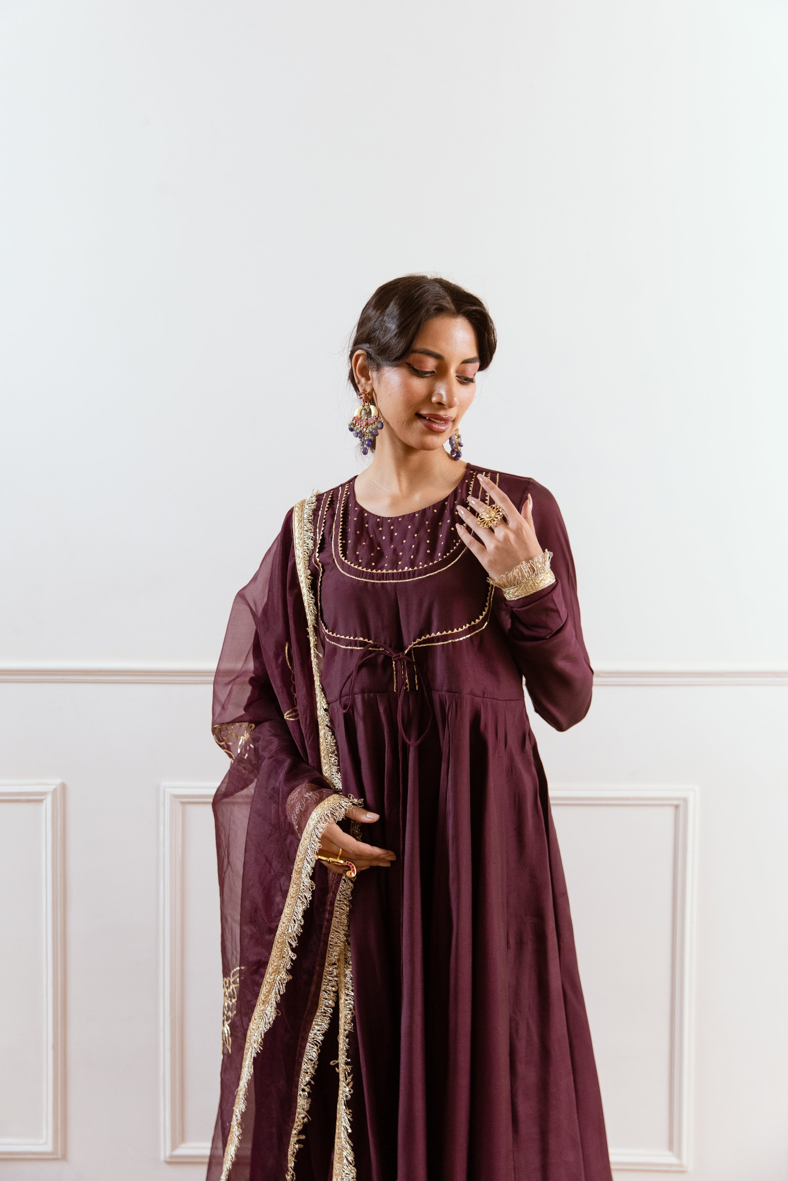 Salma Sitara Pitta work Anarkali set- Plum