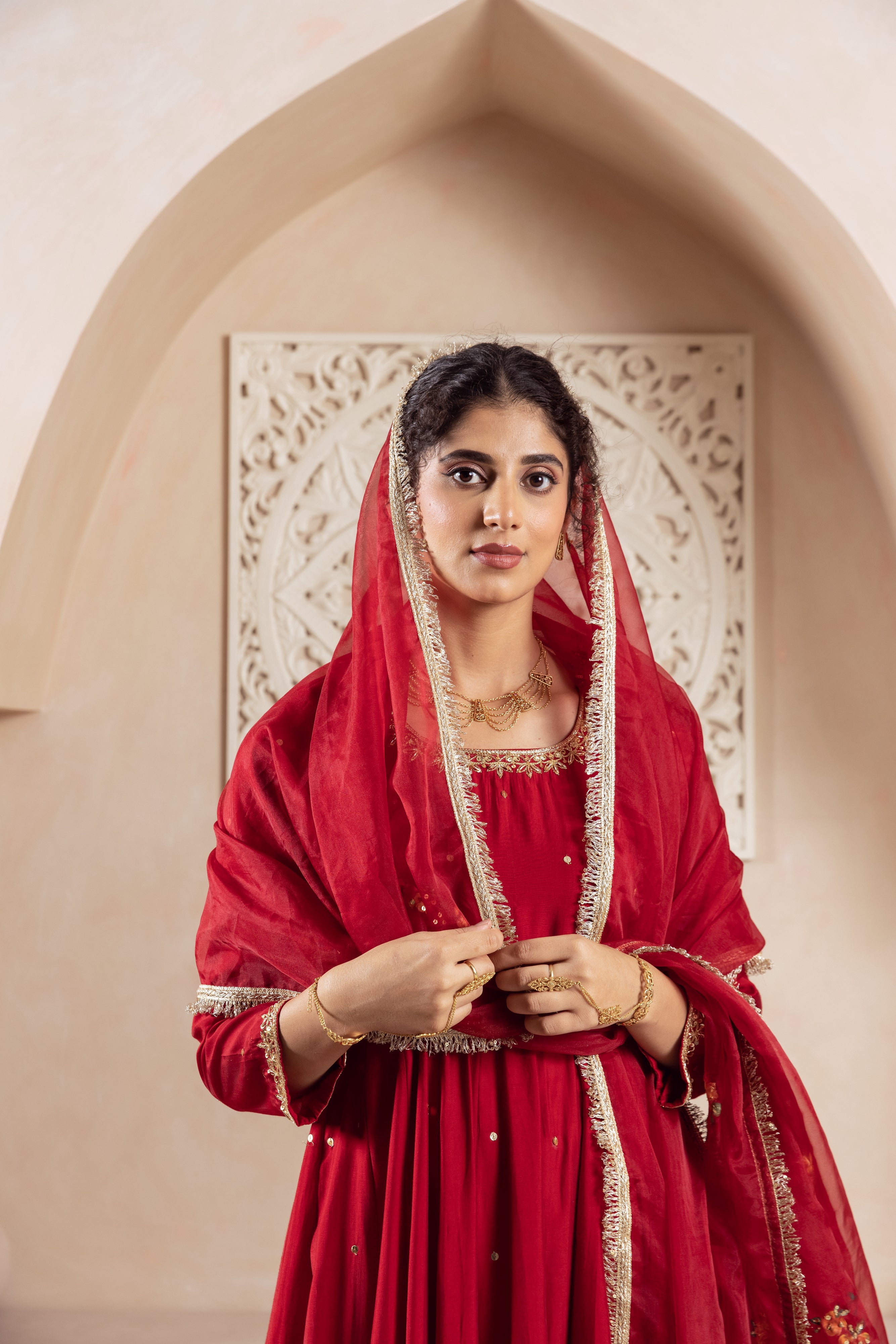 GULNAZ Maroon rose hand painted Anarkali set