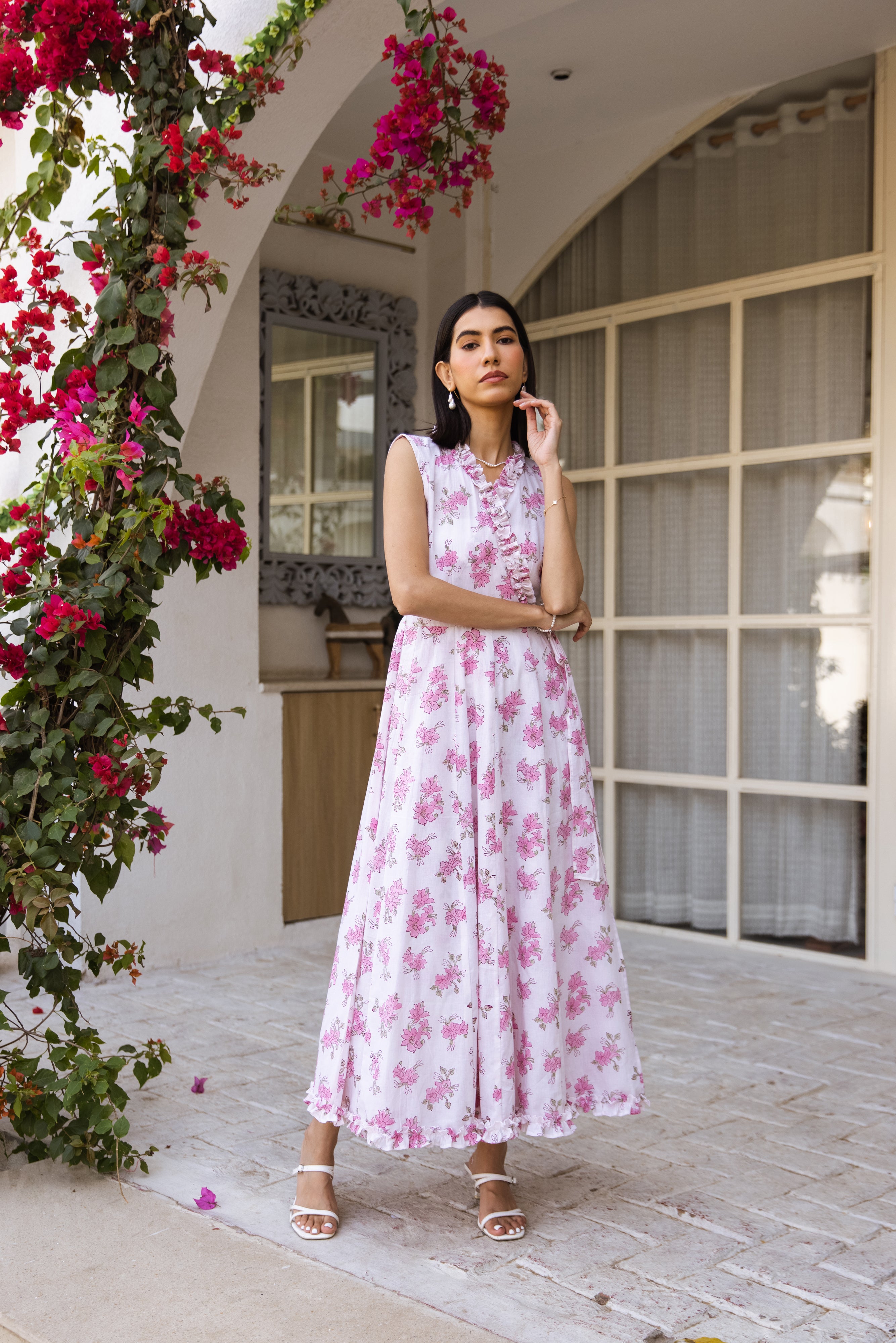 Picnic Pink floral hand block wrap around dress