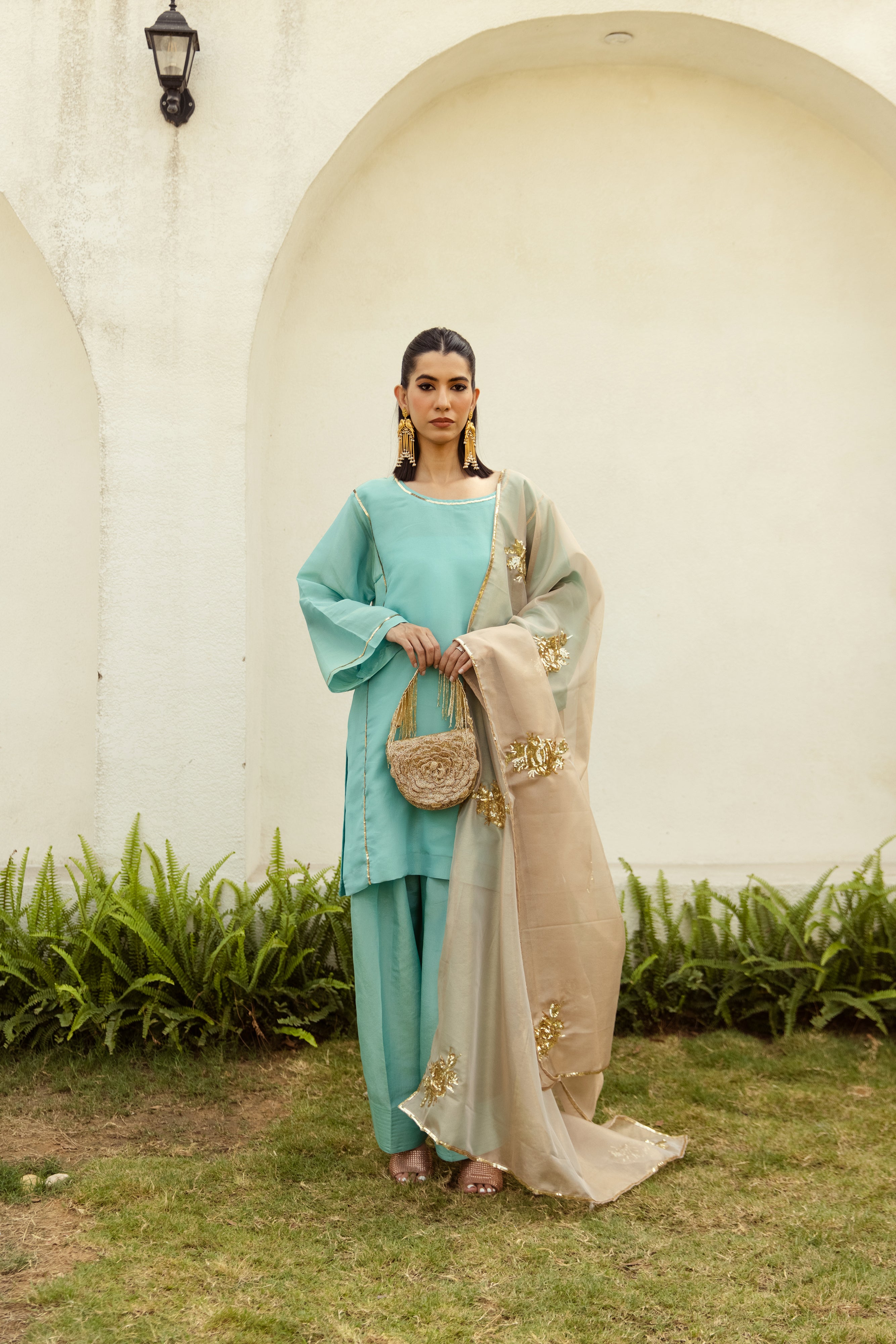 Noor Farshi Salwar turquoise  Set - Golden