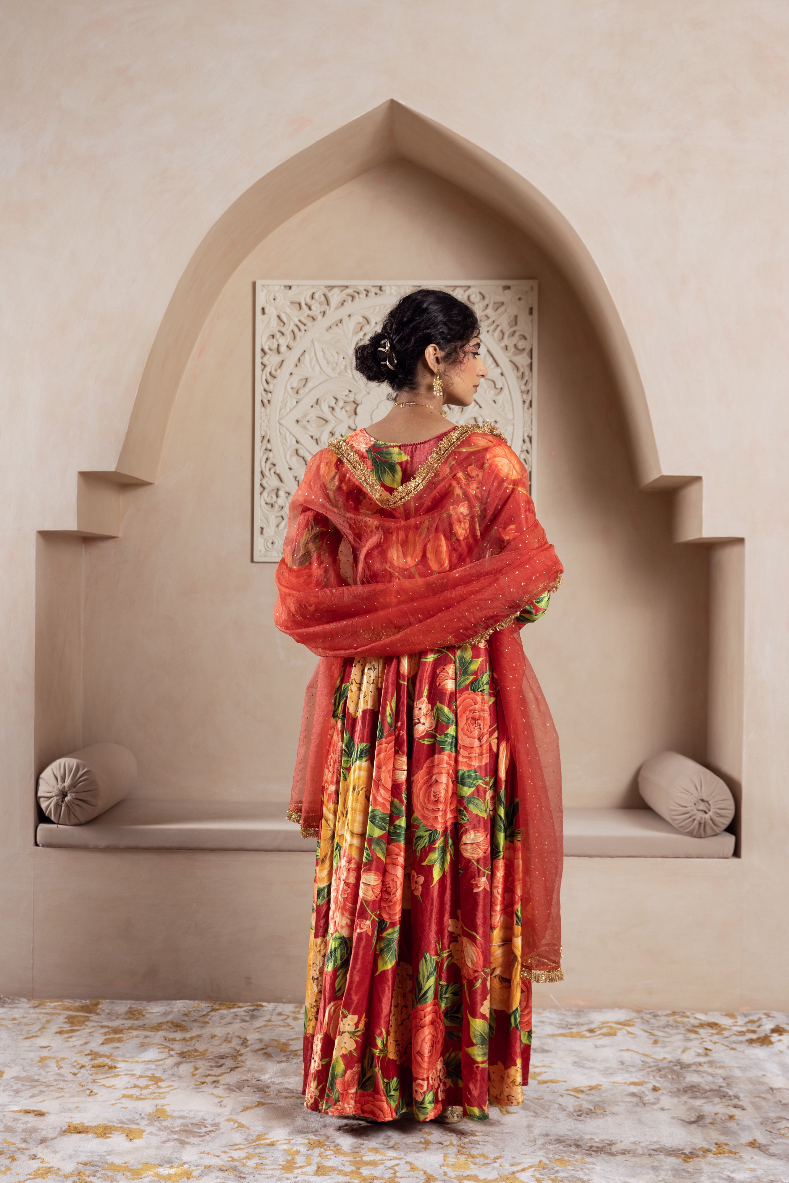 FIRGUN RED FLORAL VELVET ANARKALI SET