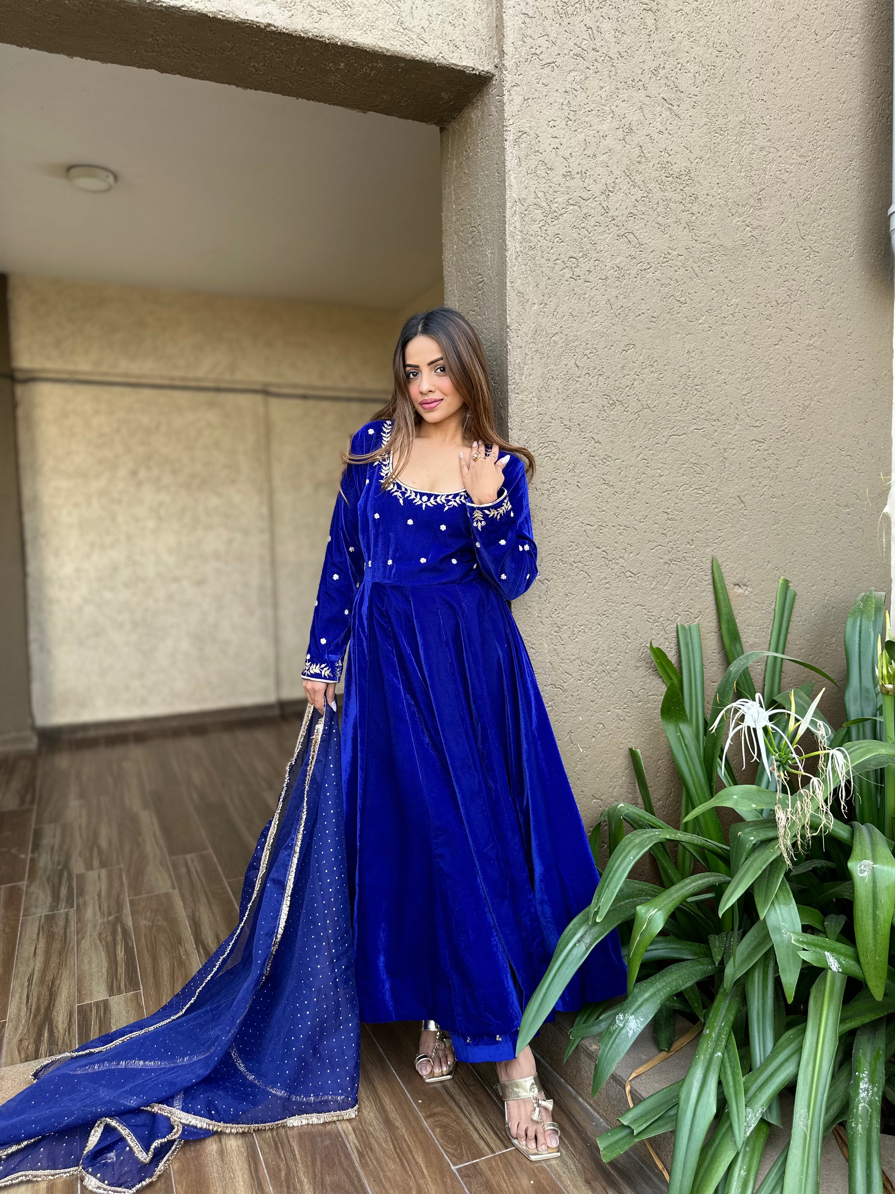 Royal Blue Velvet Anarkali set