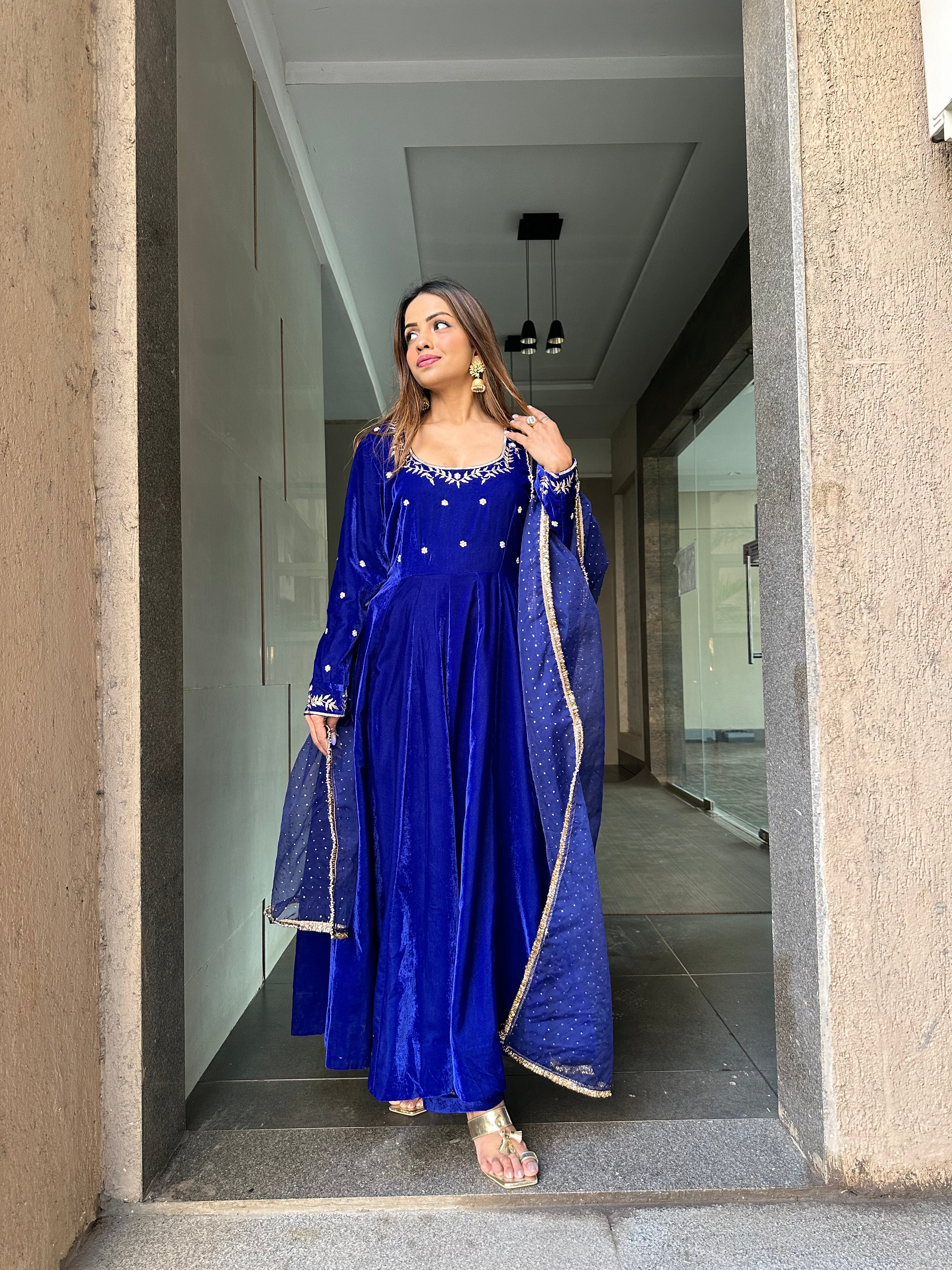 Royal Blue Velvet Anarkali set