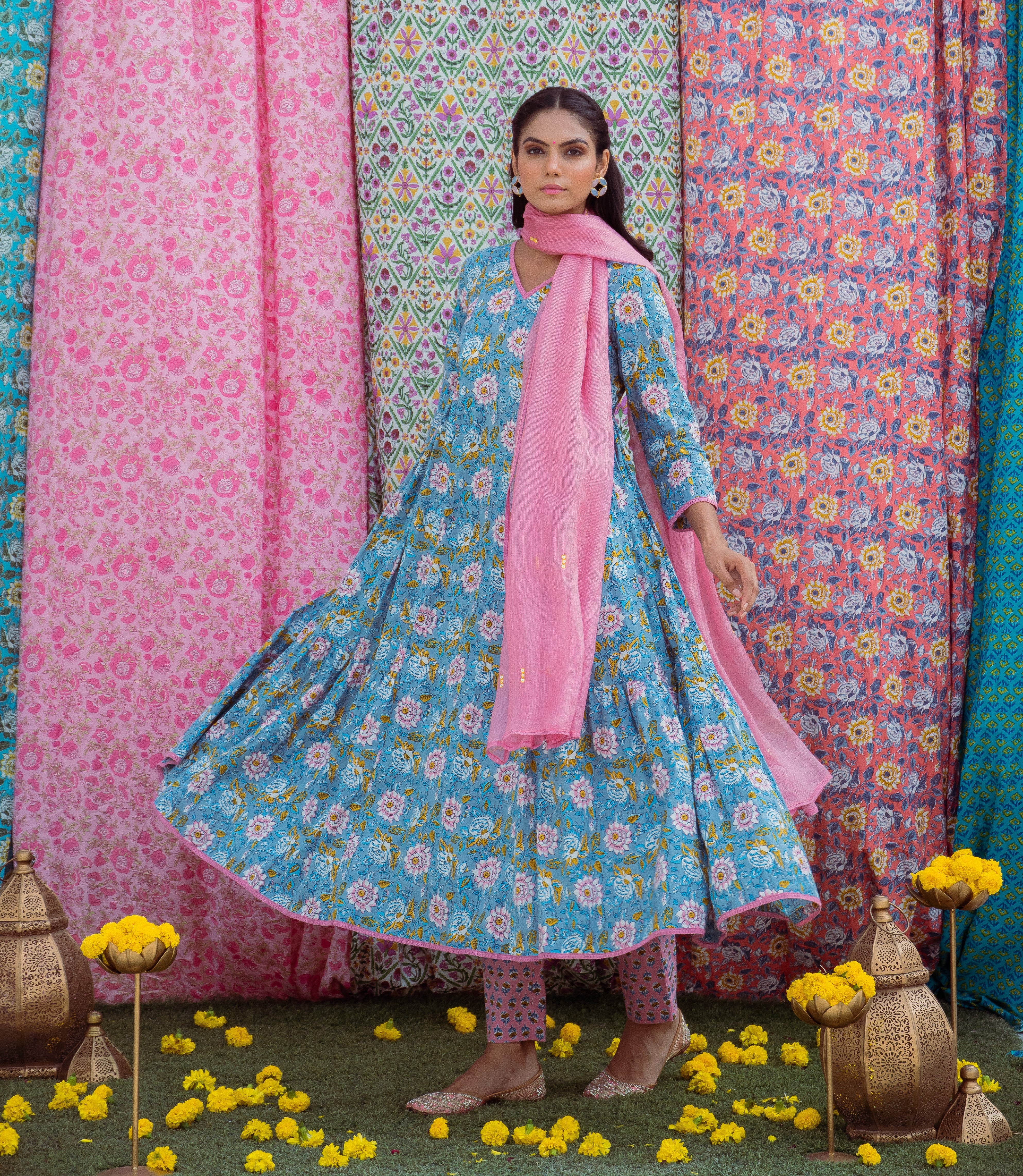 Grey Pink Anarkali Set