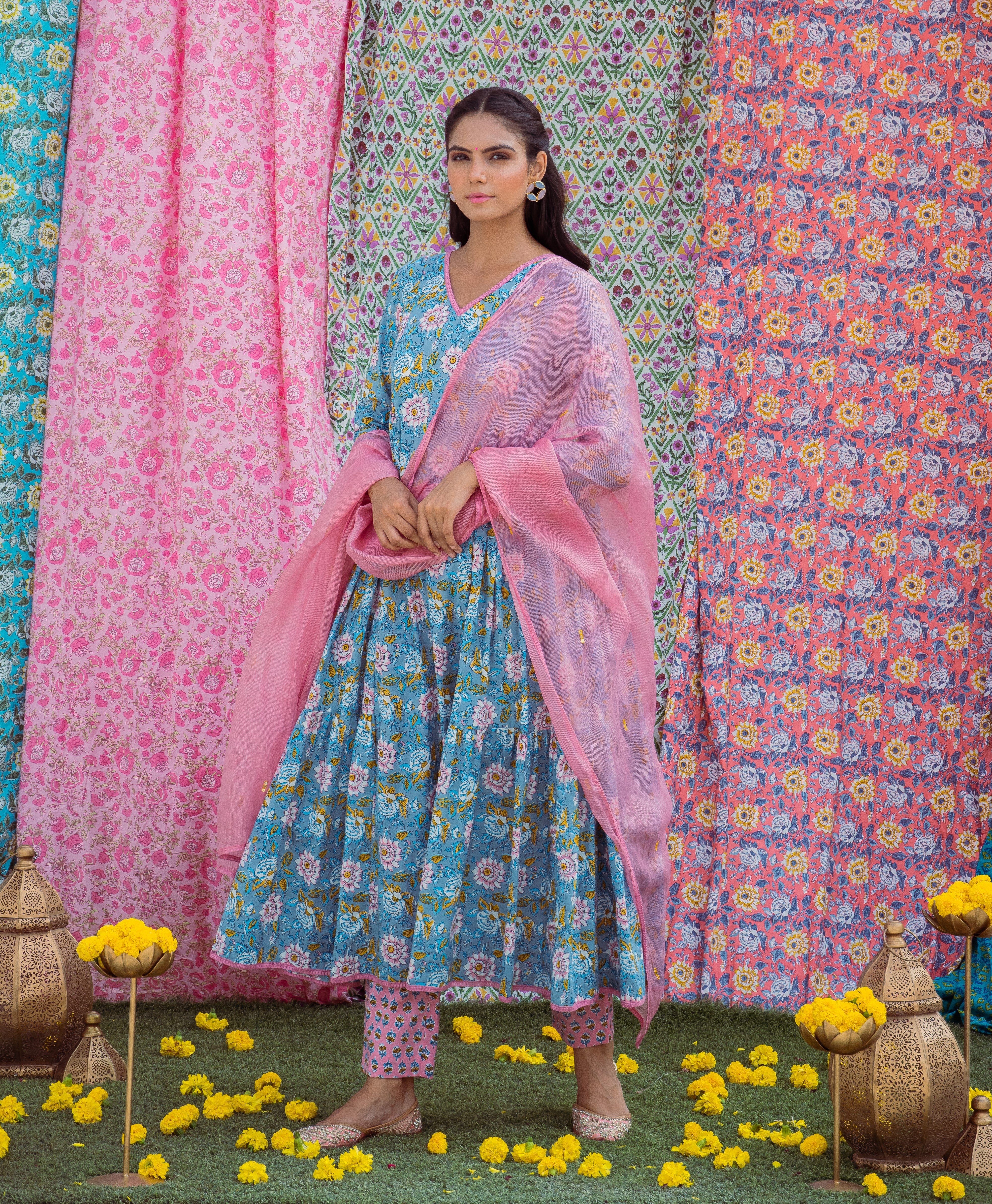 Grey Pink Anarkali Set