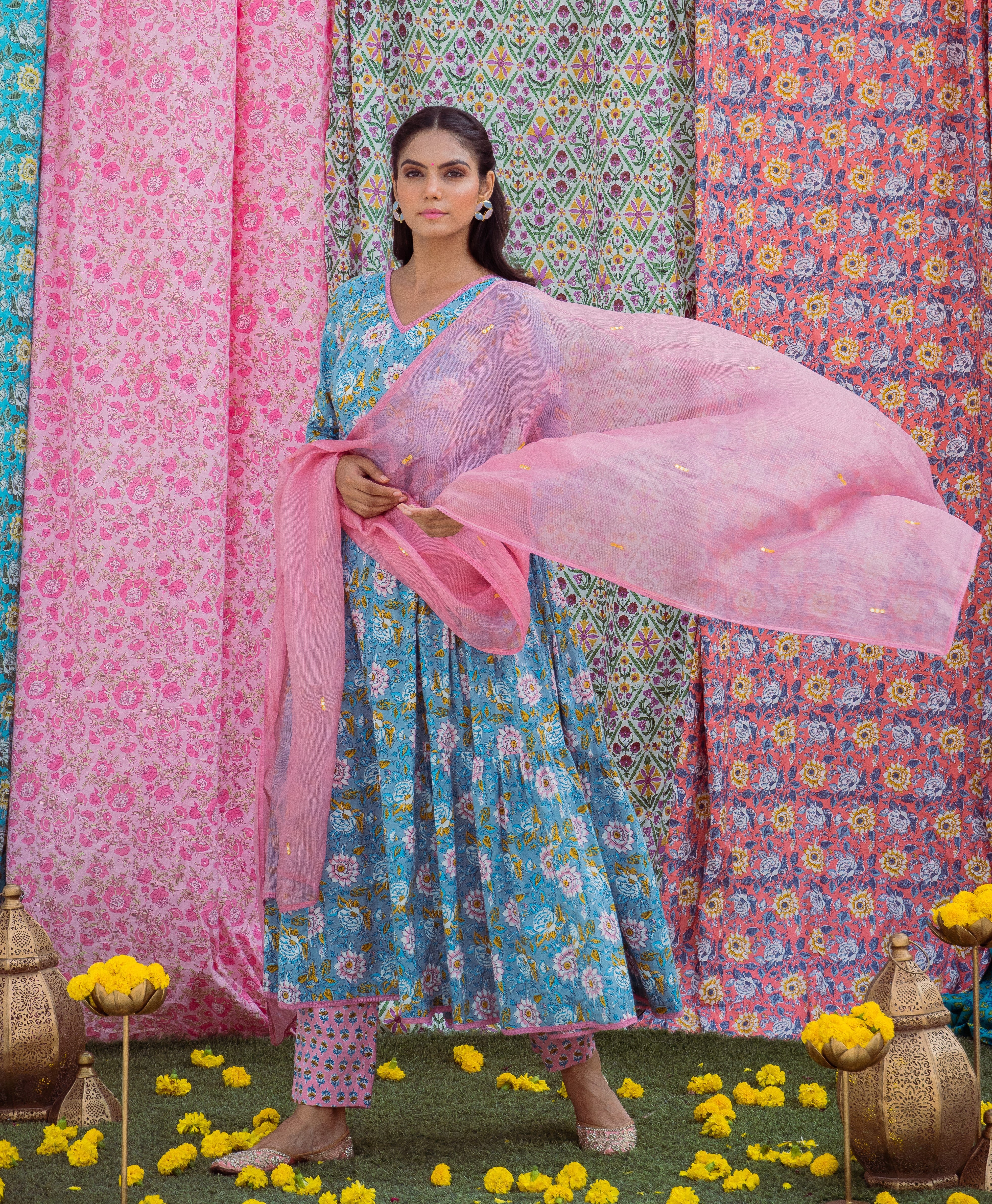 Grey Pink Anarkali Set