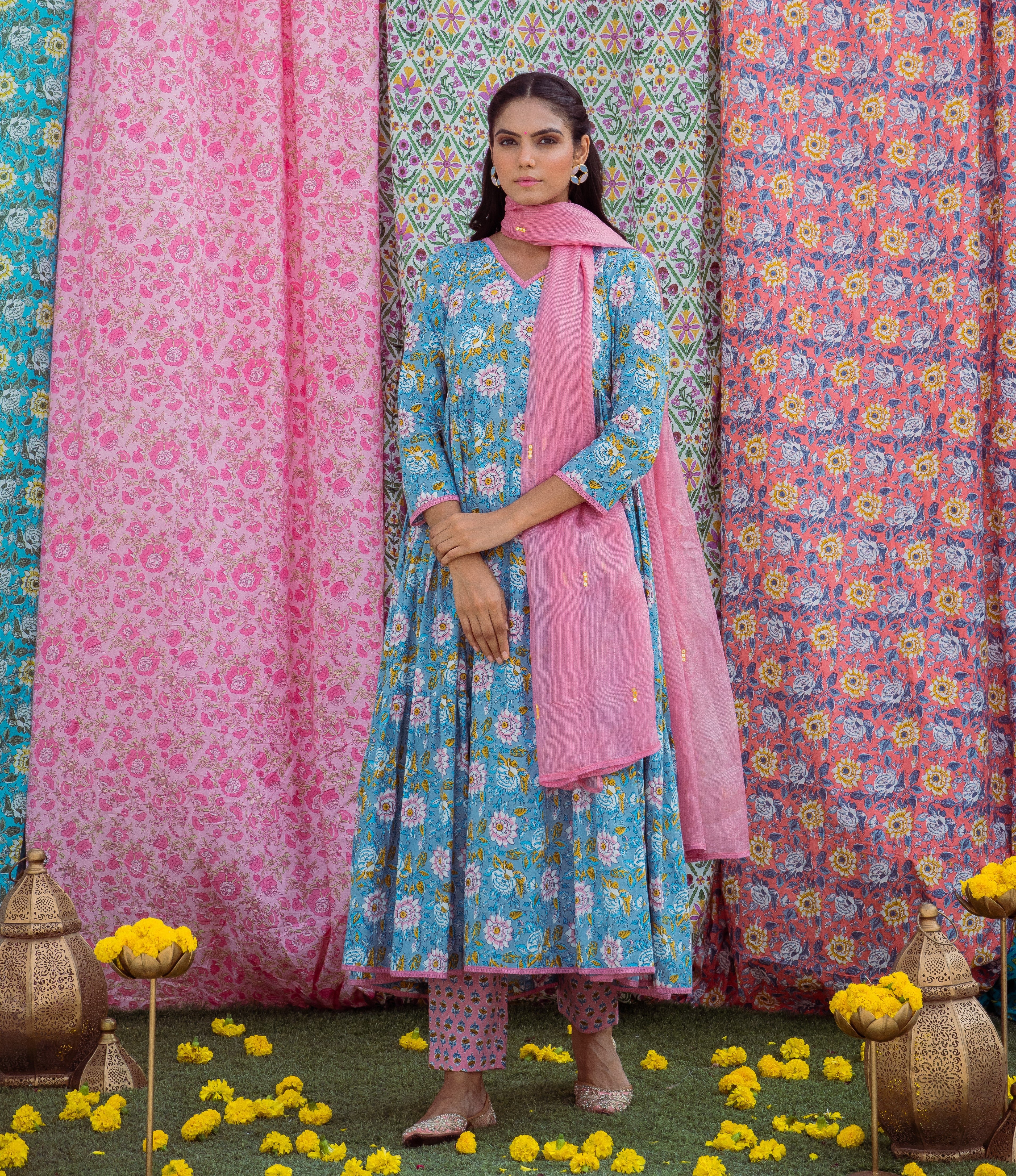 Grey Pink Anarkali Set