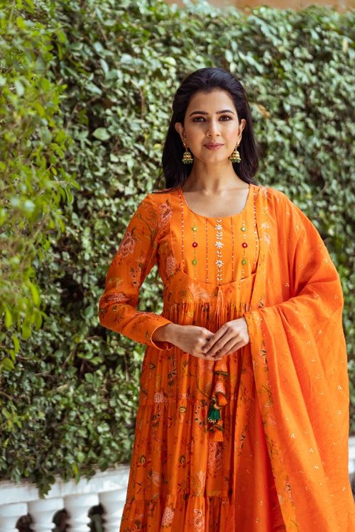 Gulmohar Orange Printed  Anarkali Set