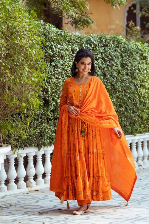Gulmohar Orange Printed  Anarkali Set