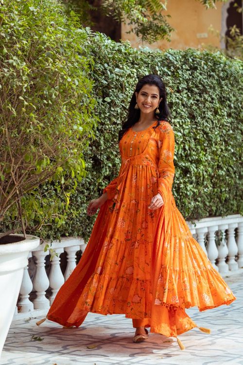 Gulmohar Orange Printed  Anarkali Set