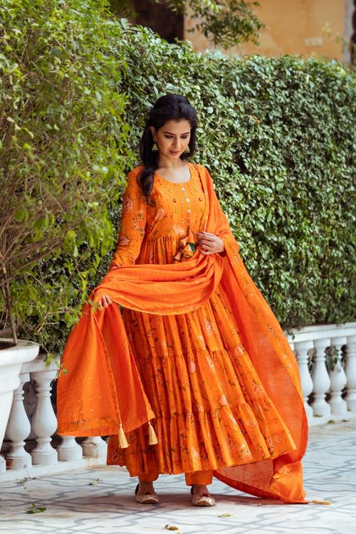Gulmohar Orange Printed  Anarkali Set