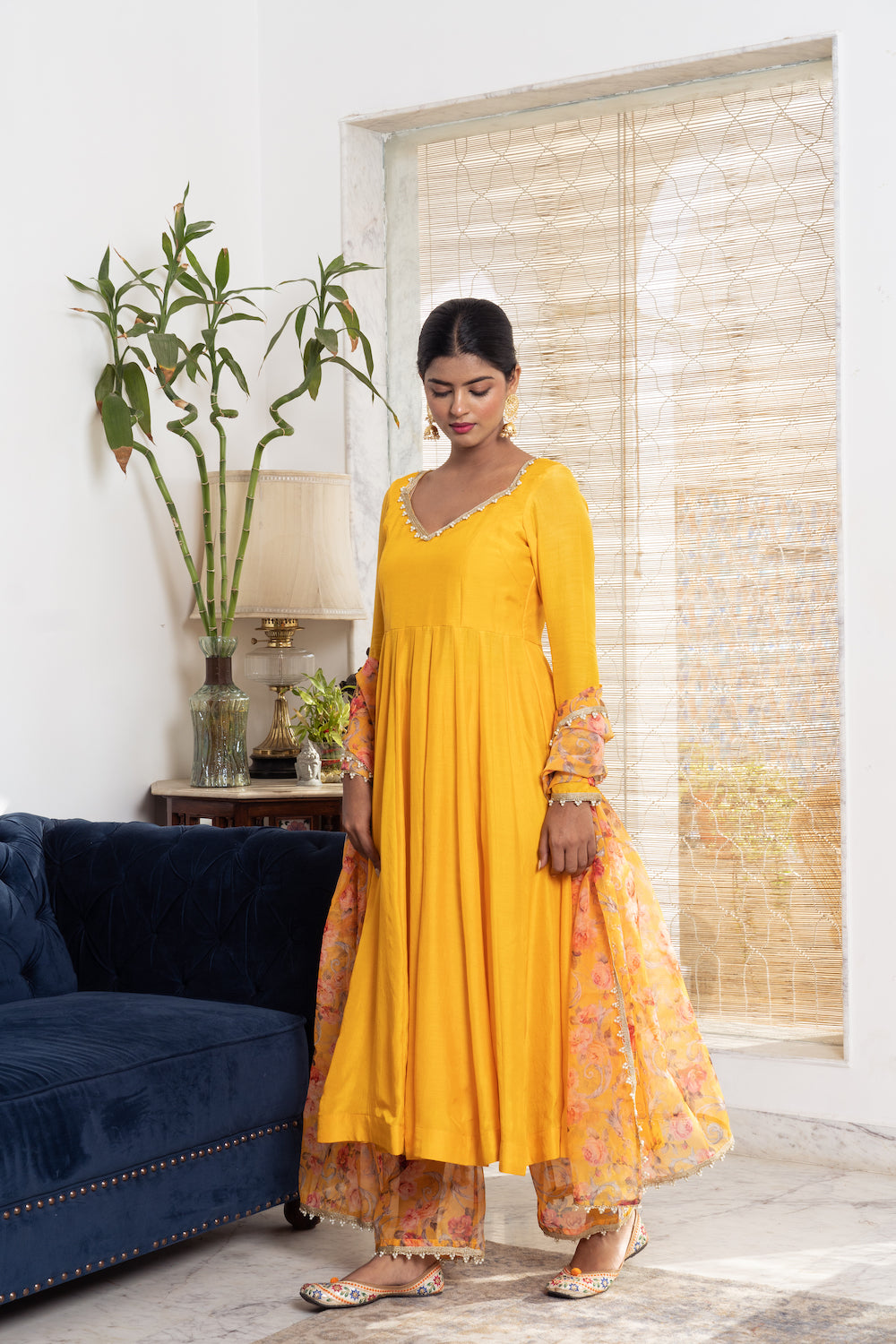 Khwabidah Yellow Anarkali with floral dupatta Set of 3