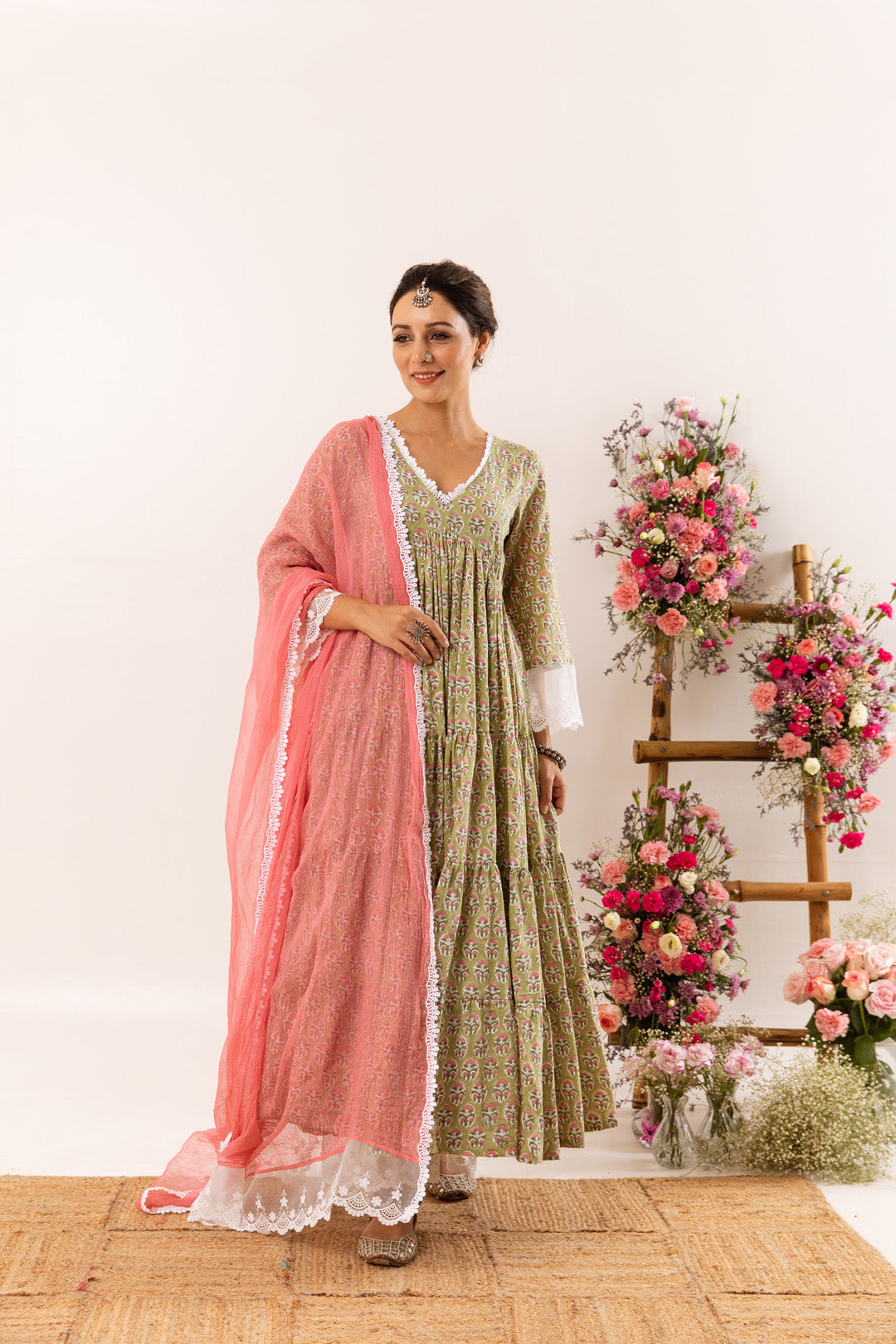 Light green organza detail Anarkali Set of 3