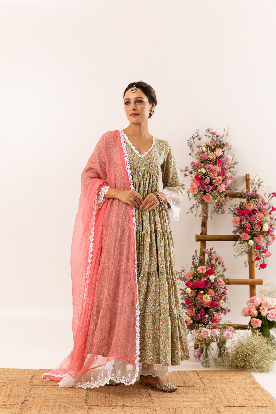 Light green organza detail Anarkali Set of 3