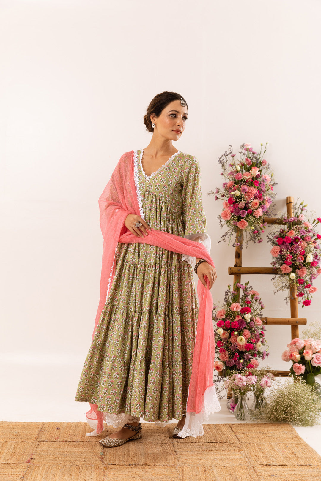 Light green organza detail Anarkali Set of 3