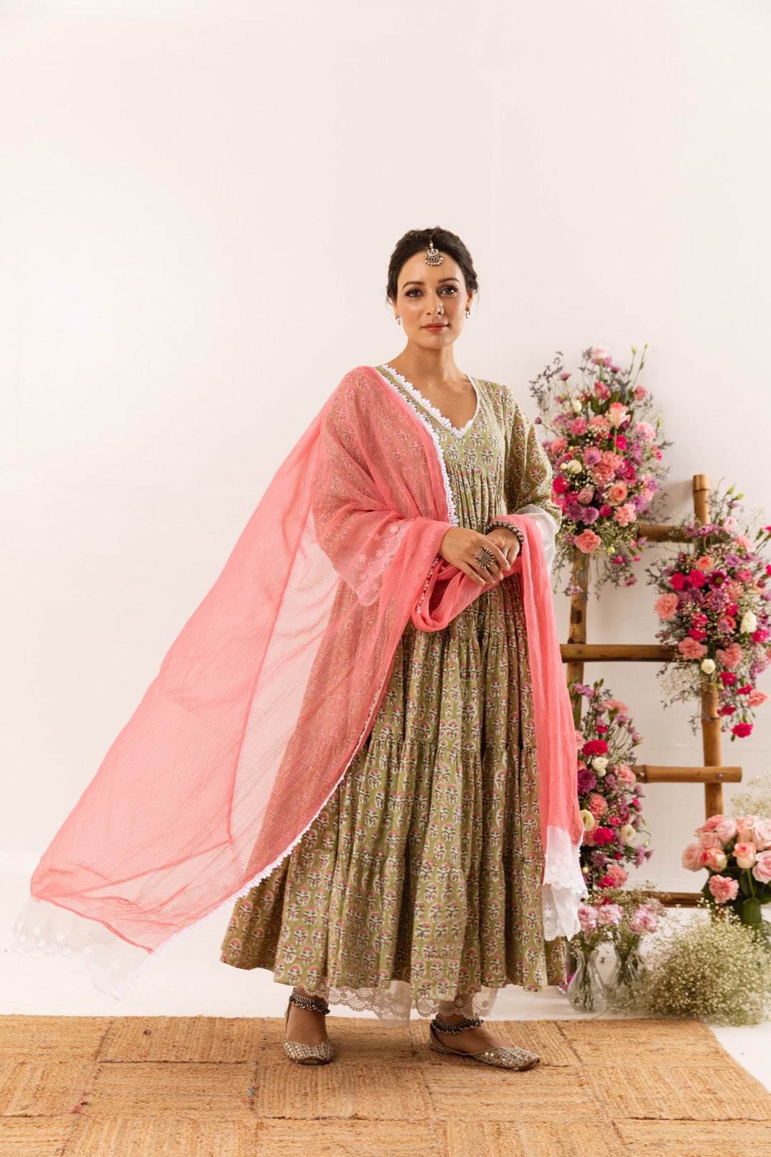 Light green organza detail Anarkali Set of 3