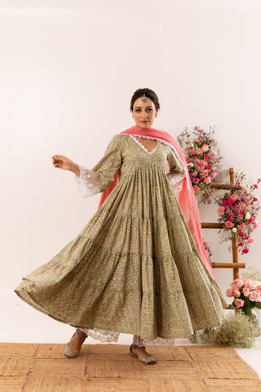 Light green organza detail Anarkali Set of 3