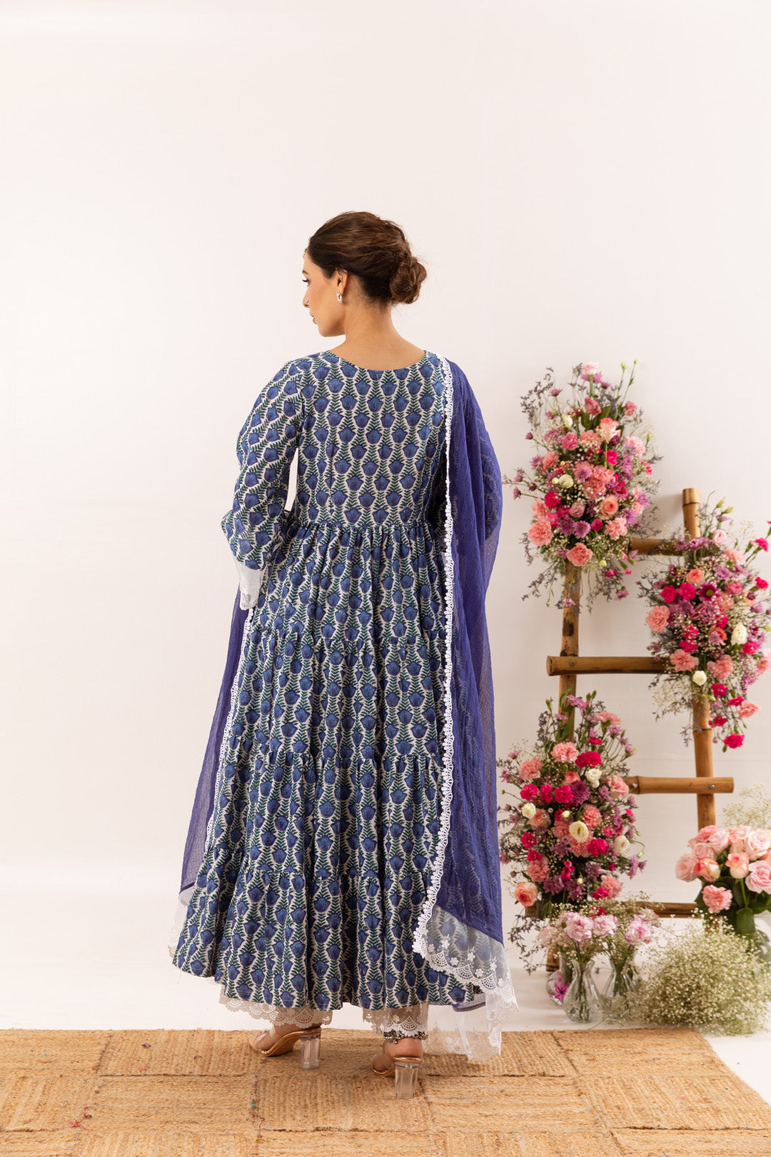 Blue tulip organza detail Anarkali Set of 3