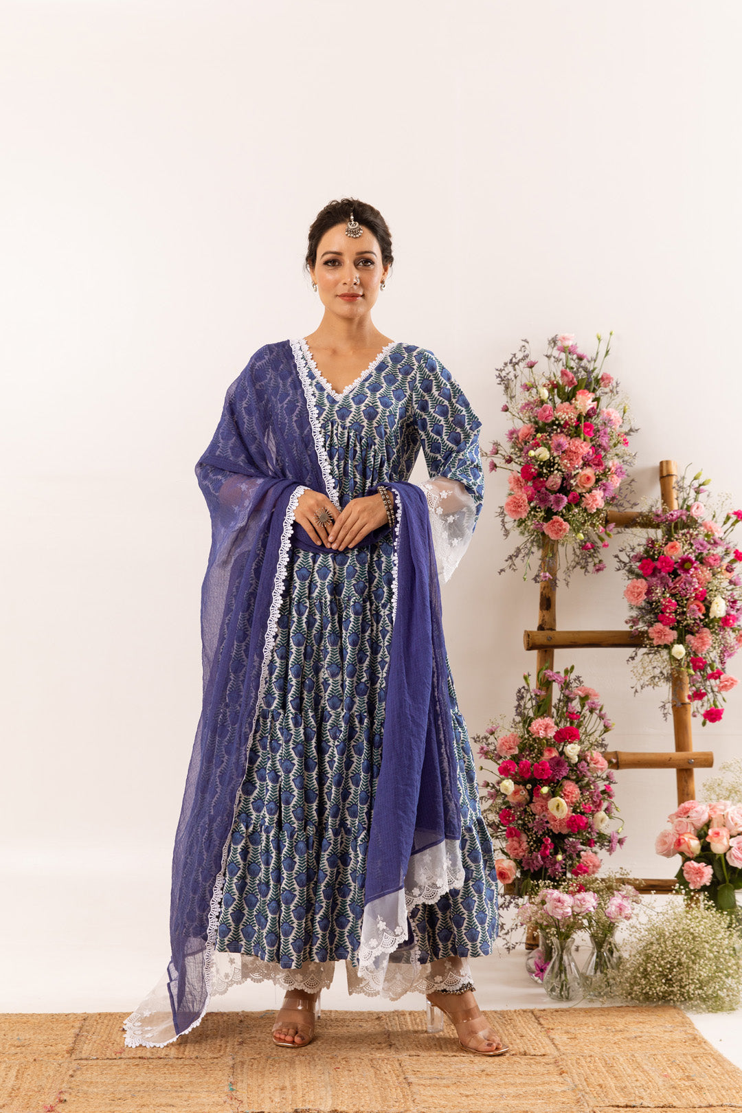 Blue tulip organza detail Anarkali Set of 3