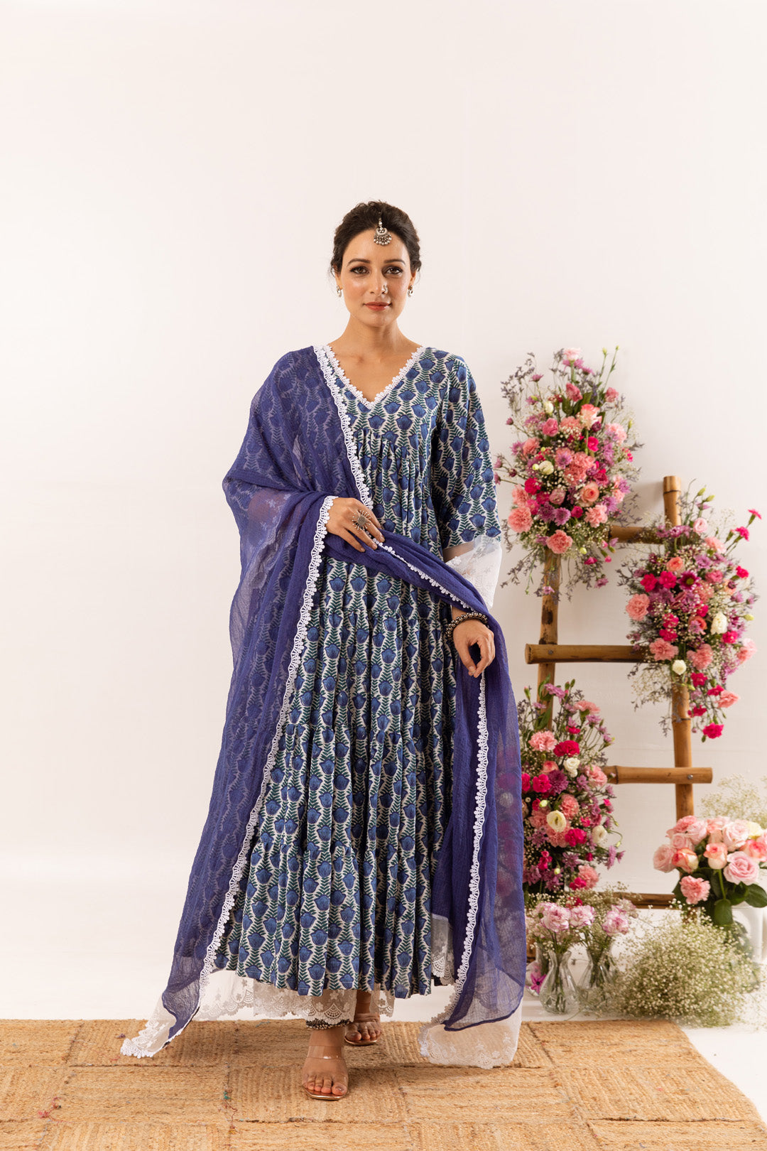 Blue tulip organza detail Anarkali Set of 3