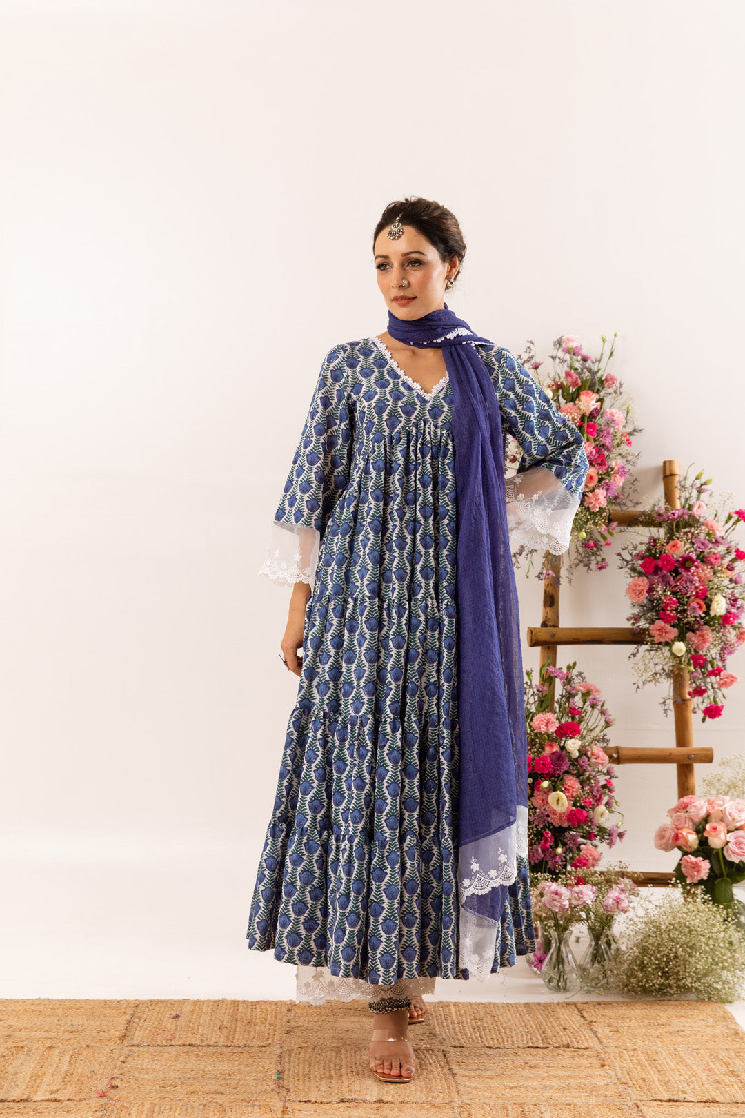 Blue tulip organza detail Anarkali Set of 3