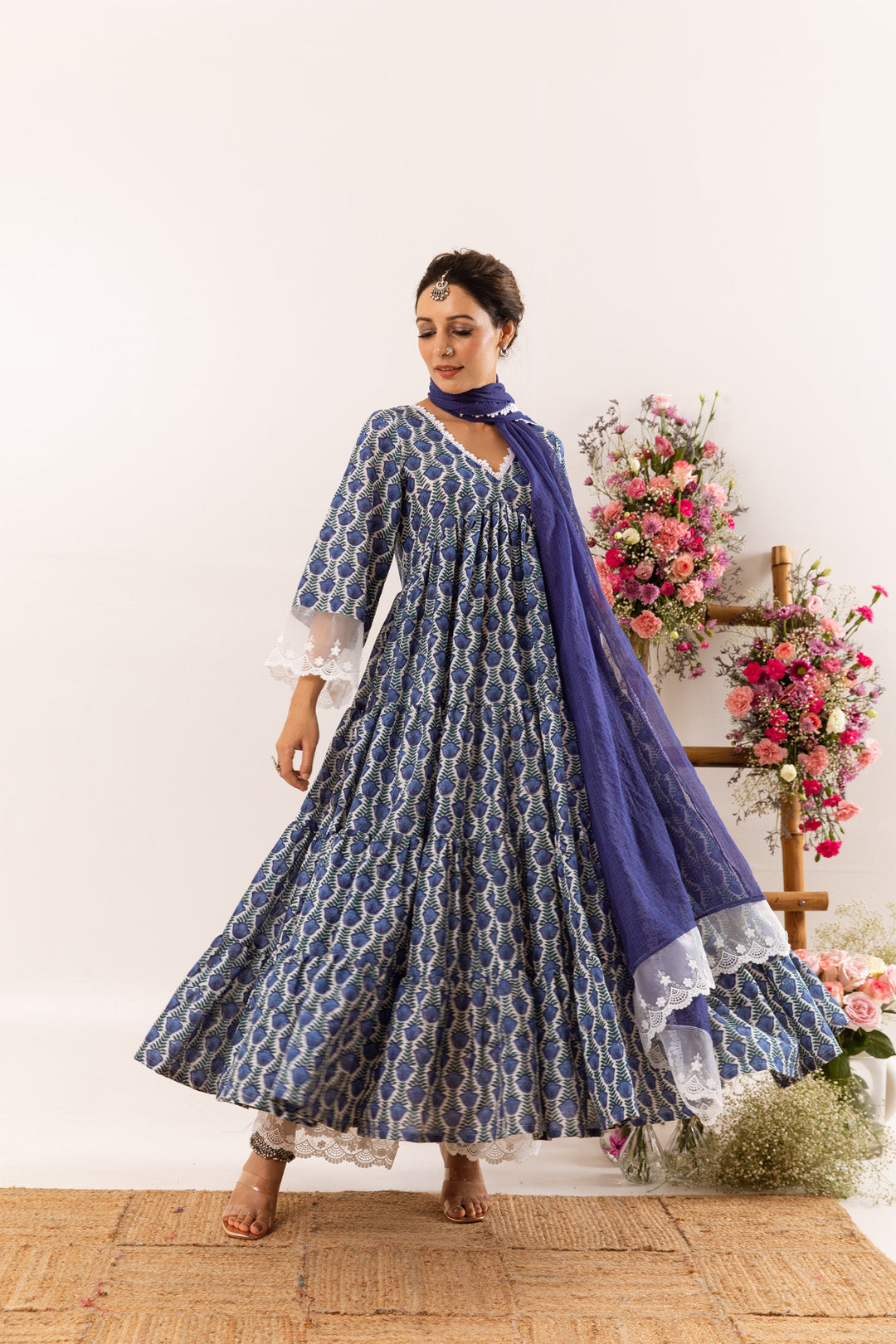 Blue tulip organza detail Anarkali Set of 3