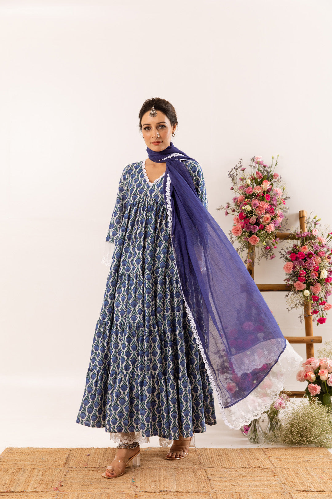 Blue tulip organza detail Anarkali Set of 3