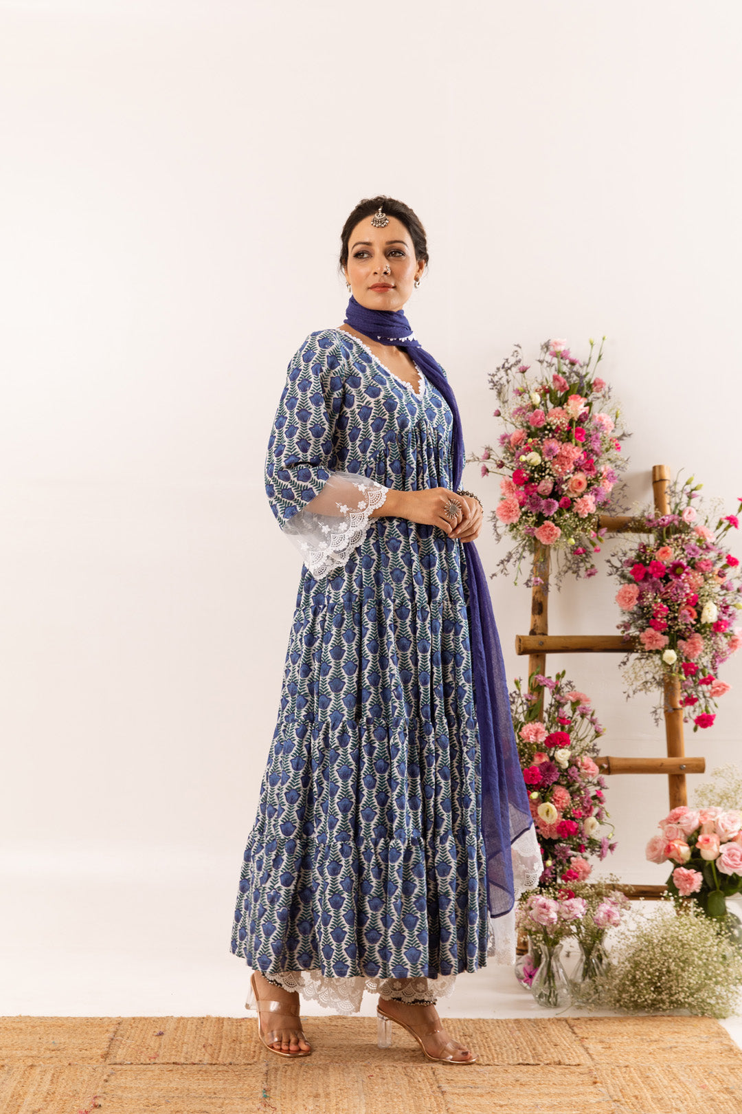 Blue tulip organza detail Anarkali Set of 3