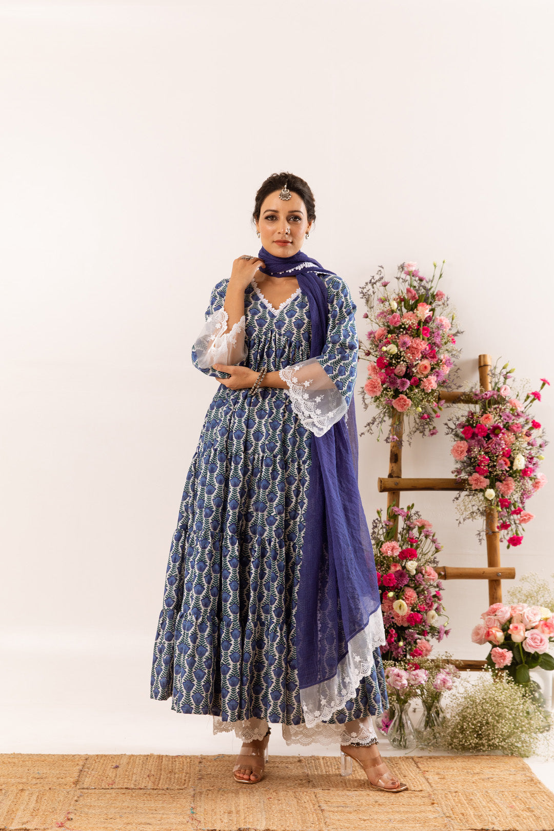 Blue tulip organza detail Anarkali Set of 3