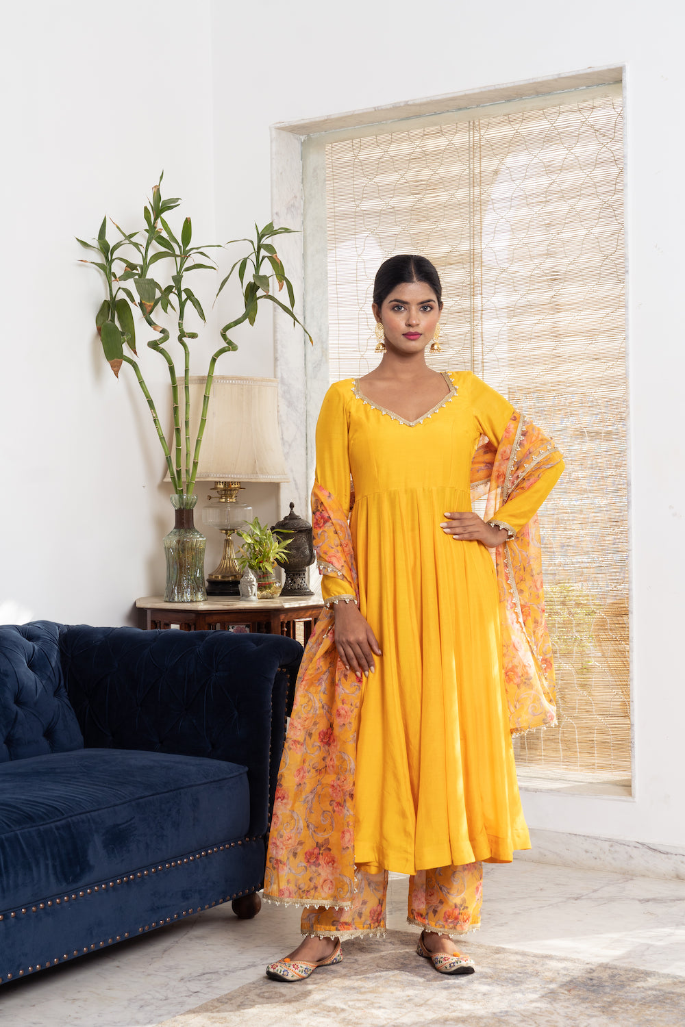 Khwabidah Yellow Anarkali with floral dupatta Set of 3