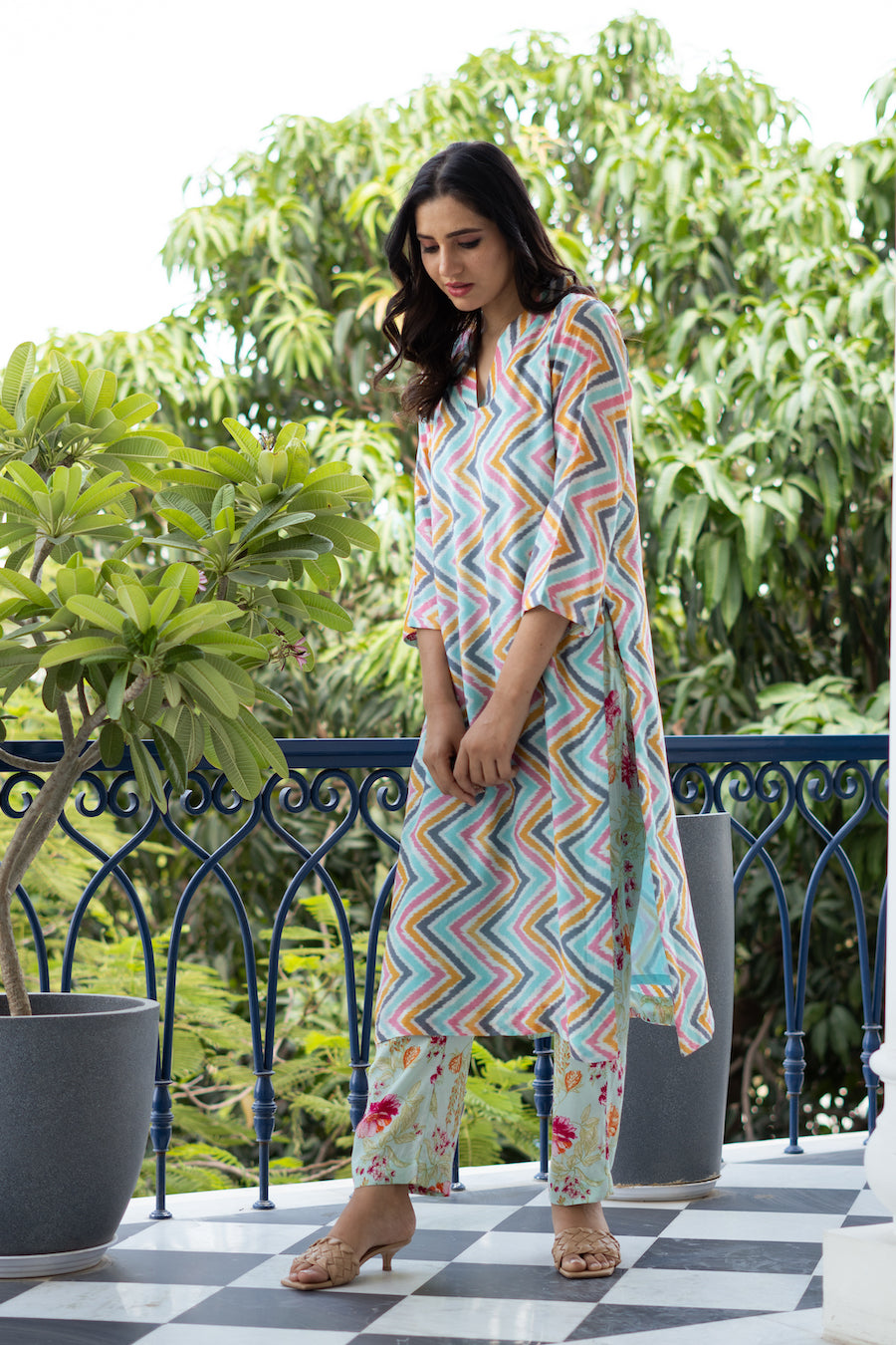 Turquoise Zigzag Kurta Set